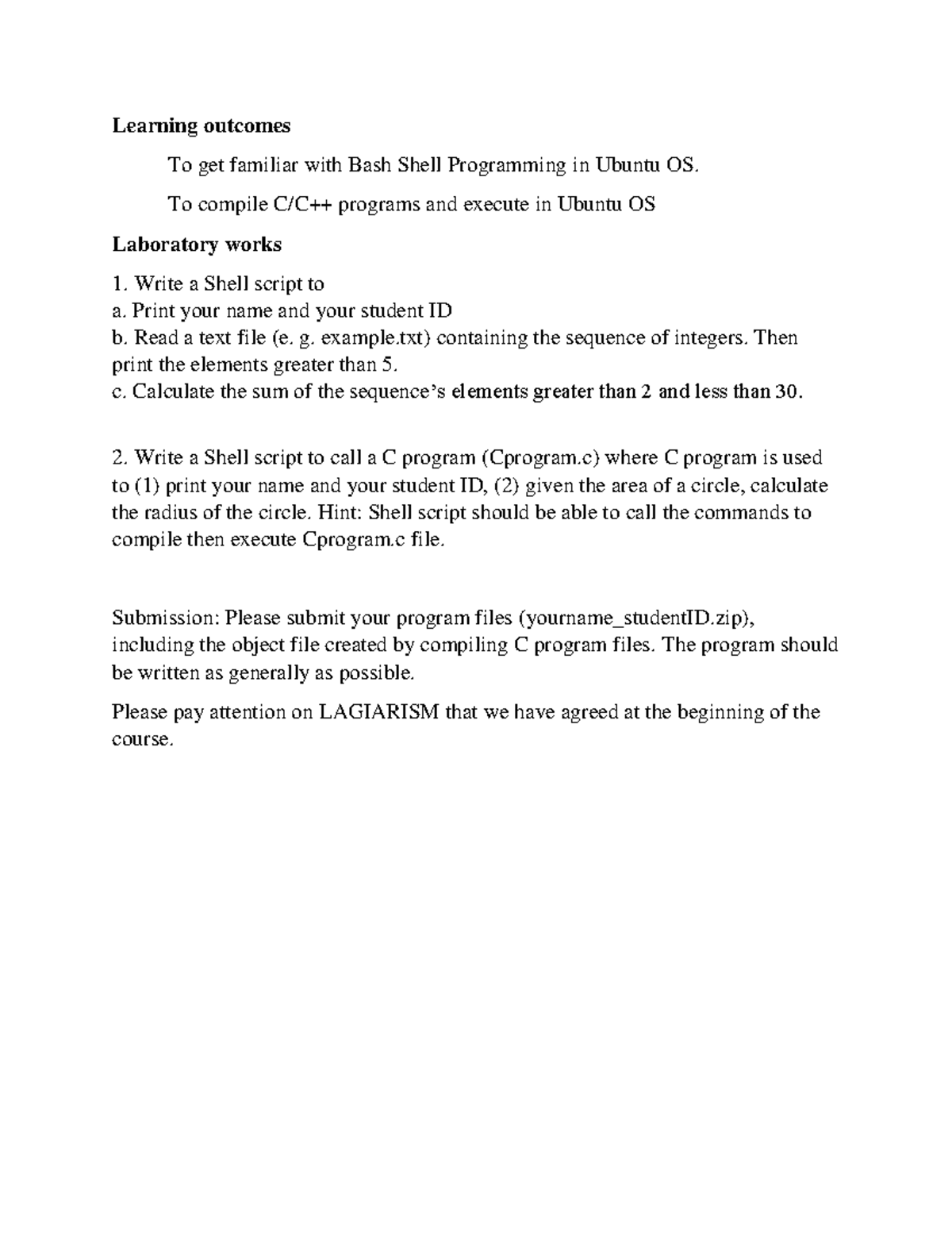 Lab 4: Bash Shell & C Programming Exercises in Ubuntu OS - Studocu