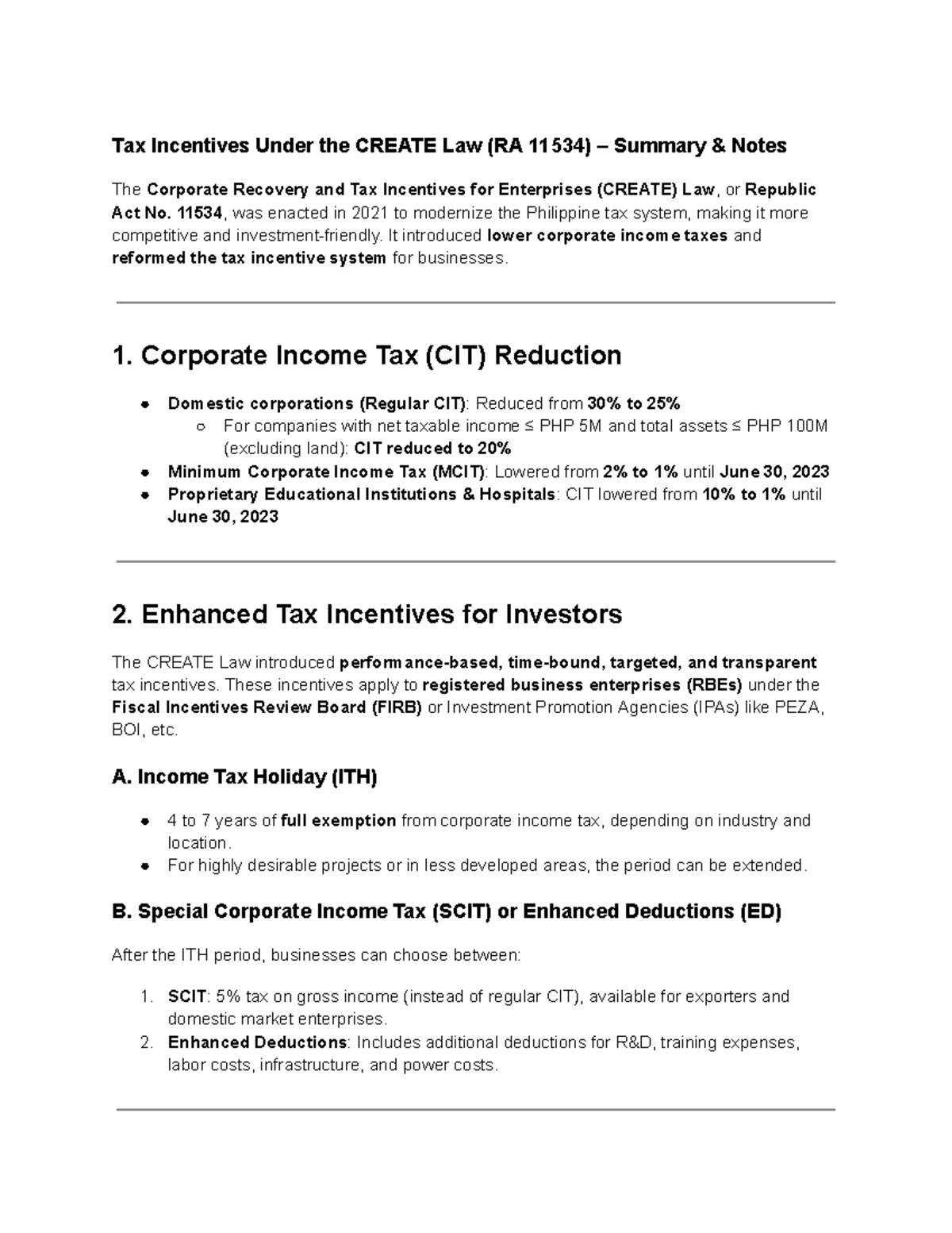 TAX Incentives Under the CREATE Law (RA 11534) - Summary & Notes - Studocu