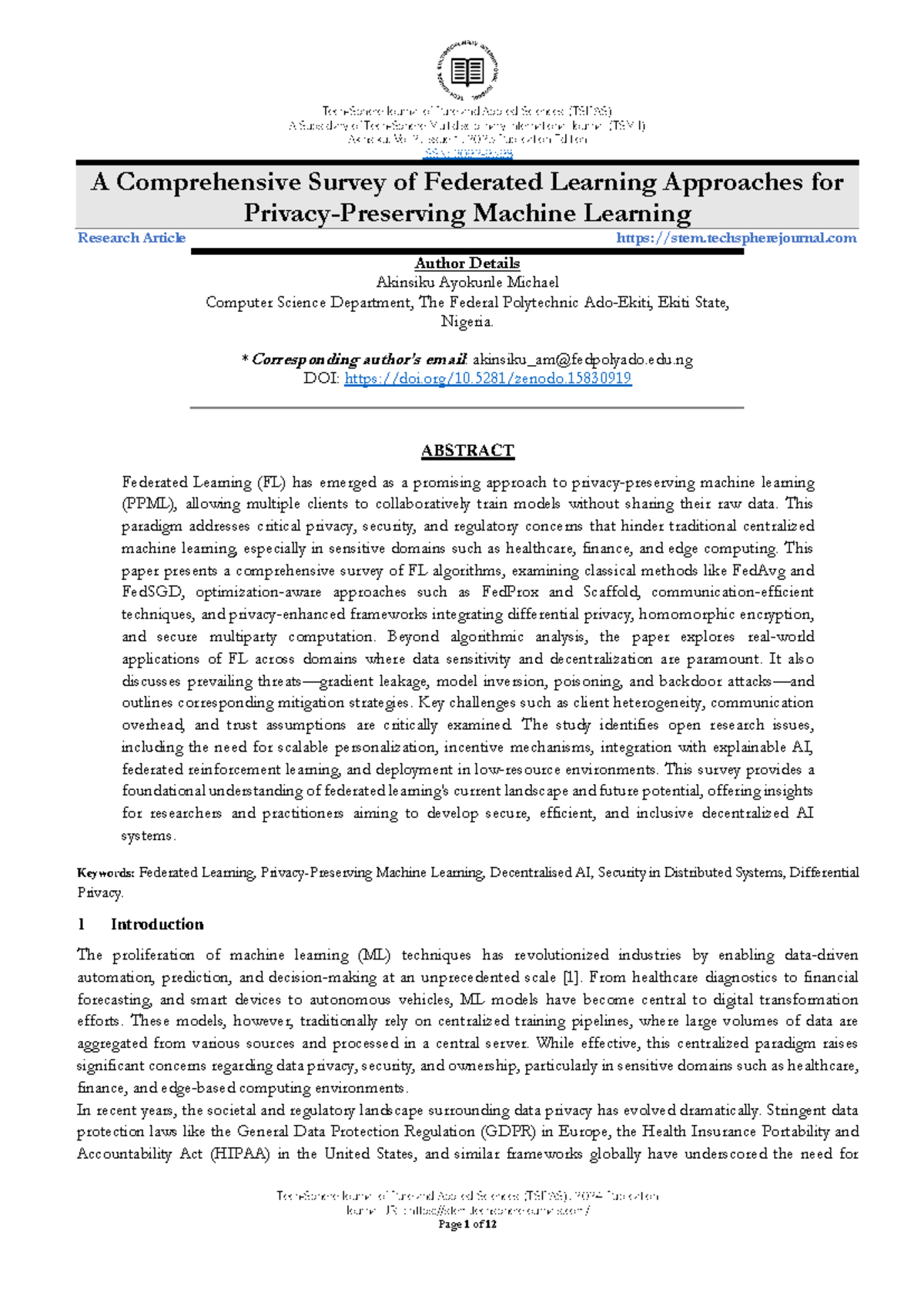 A Comprehensive Survey of Federated Learning Approaches (TSJPAS) - Studocu
