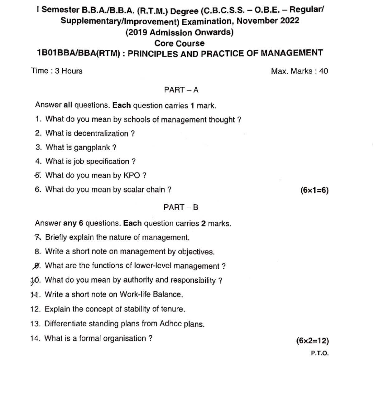 BBA I Semester Exam Question Paper - Principles of Management - Nov ...