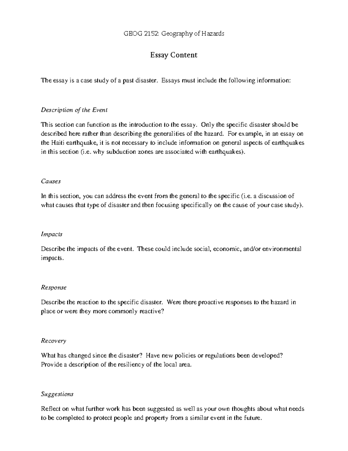 GEOG 2152: Essay Case Study on Past Disasters and Their Impacts - Studocu