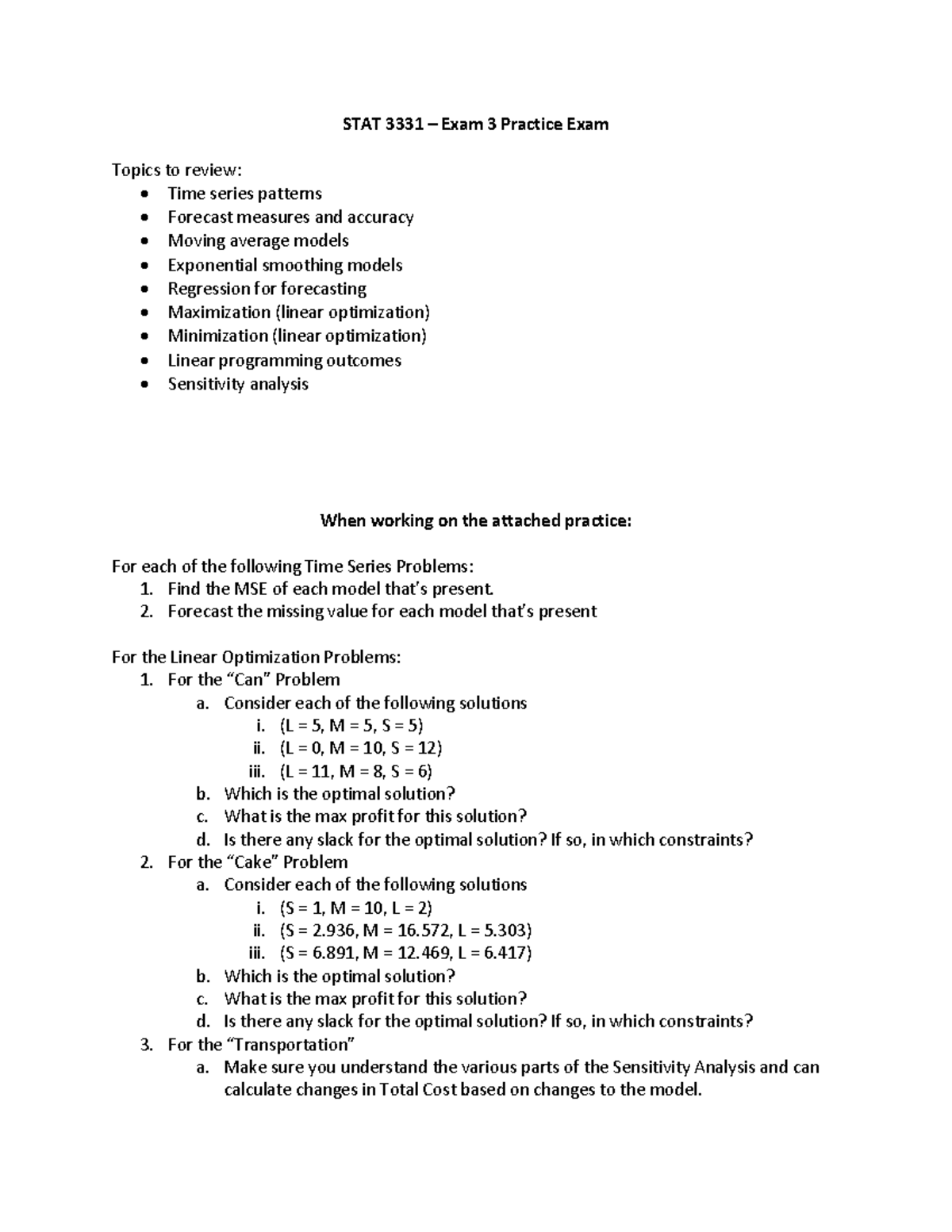 STAT 3331 - Sample Exam 3 Practice for Time Series & Optimization - Studocu