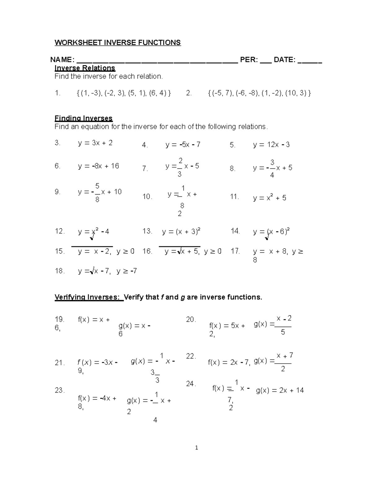 SNC 2D Inverse Functions Classwork Worksheet and Notes - Studocu