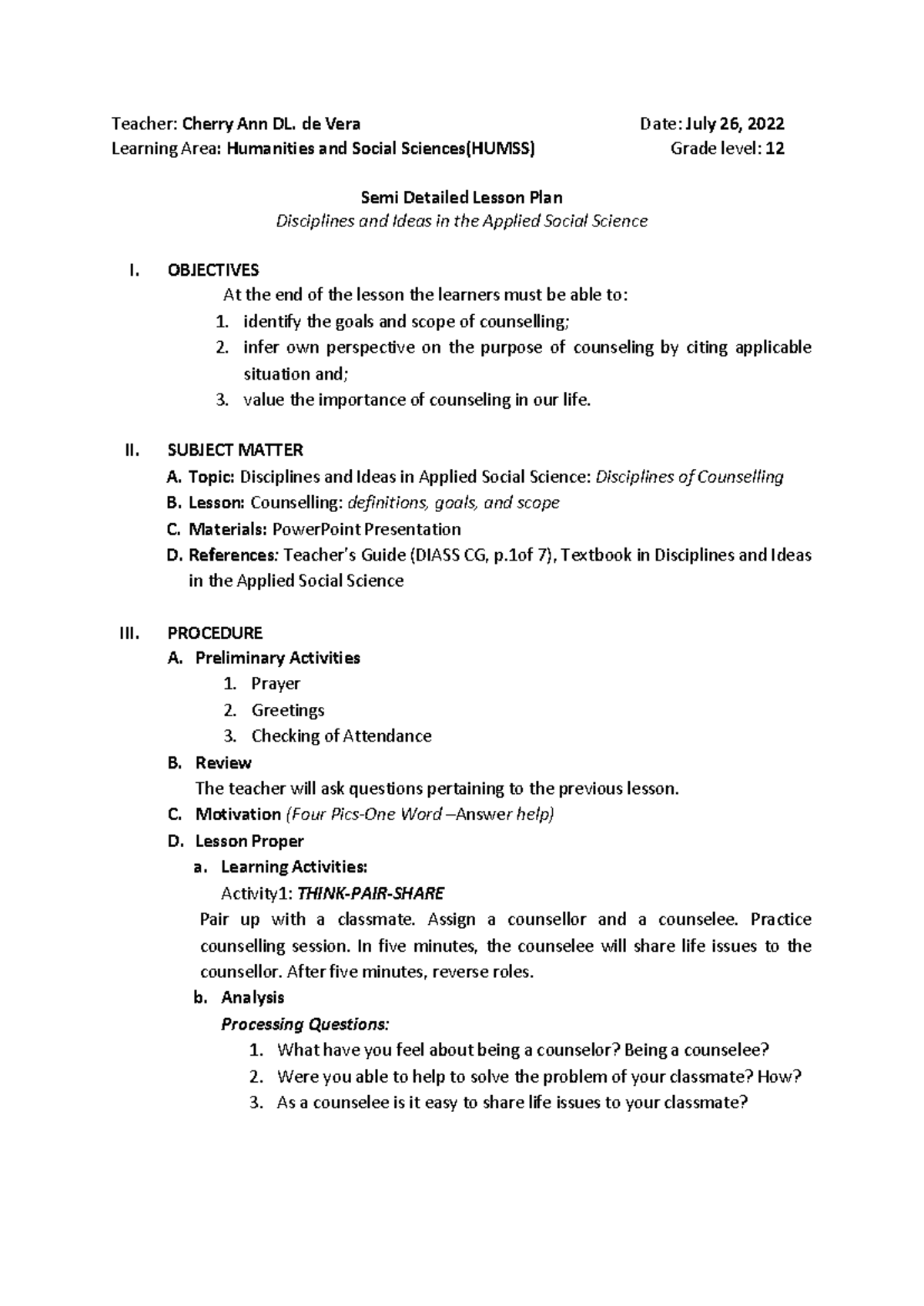 HUMSS 12 Semi-Detailed Lesson Plan: Counseling in Applied Social ...