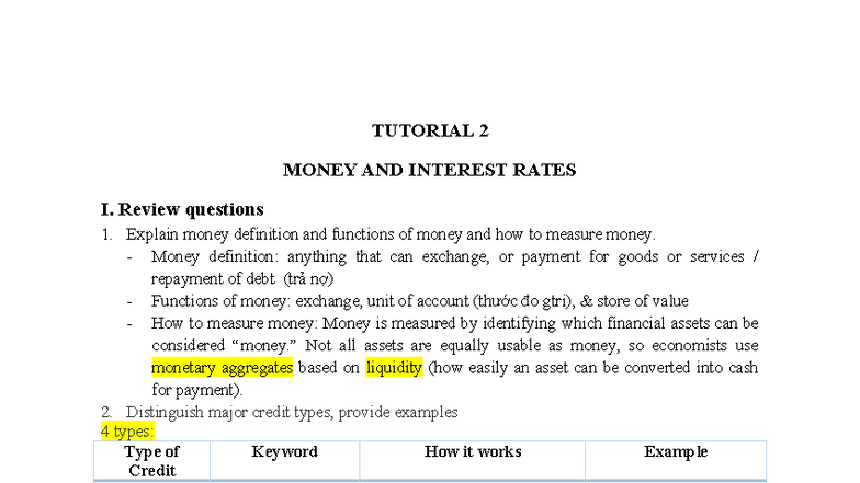 2025 FMT Tutorial 2: Money and Interest Rates Review Questions - Studocu