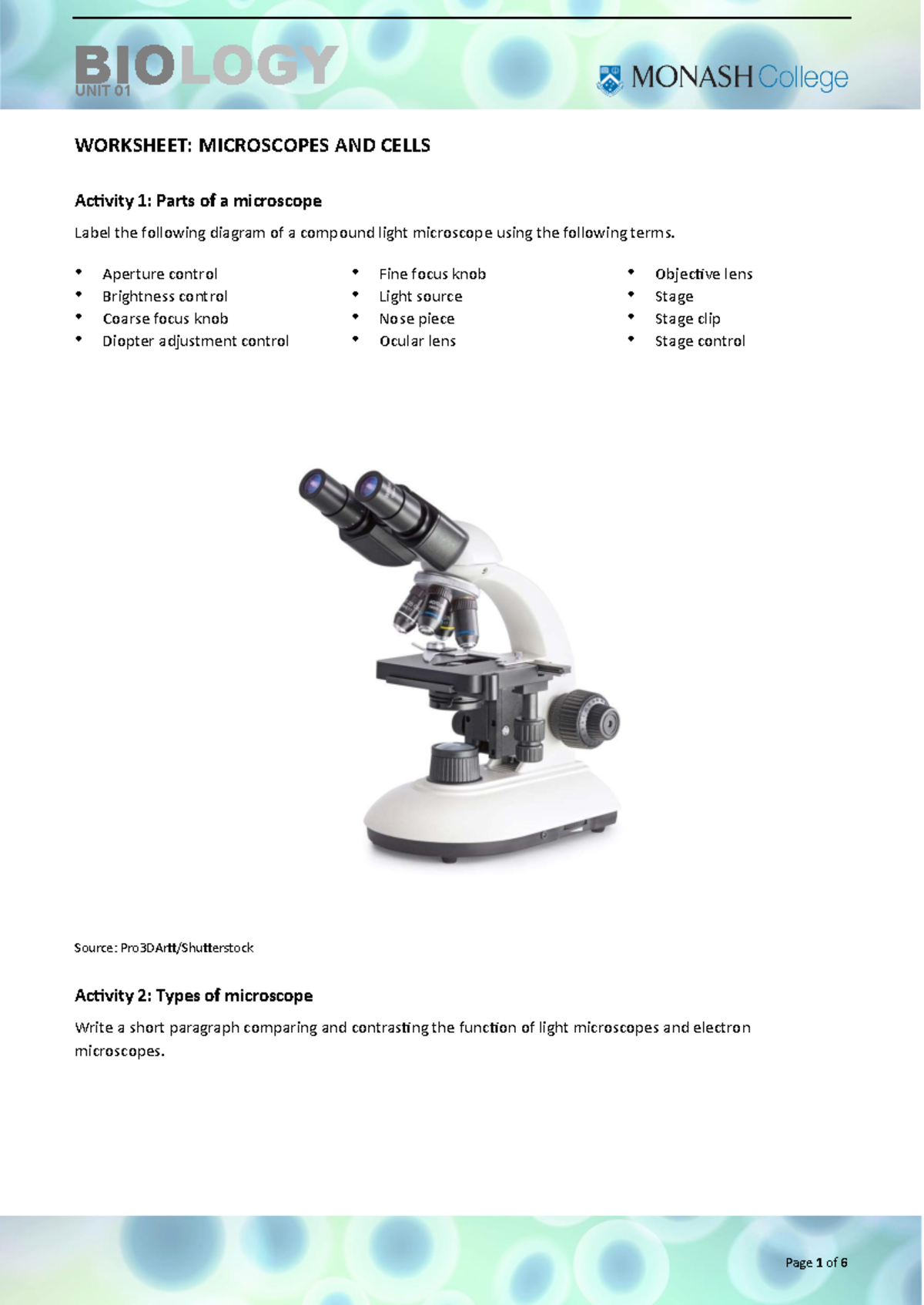 BIOLOGY UNIT 01 WORKSHEET: MICROSCOPES & CELLS - Studocu