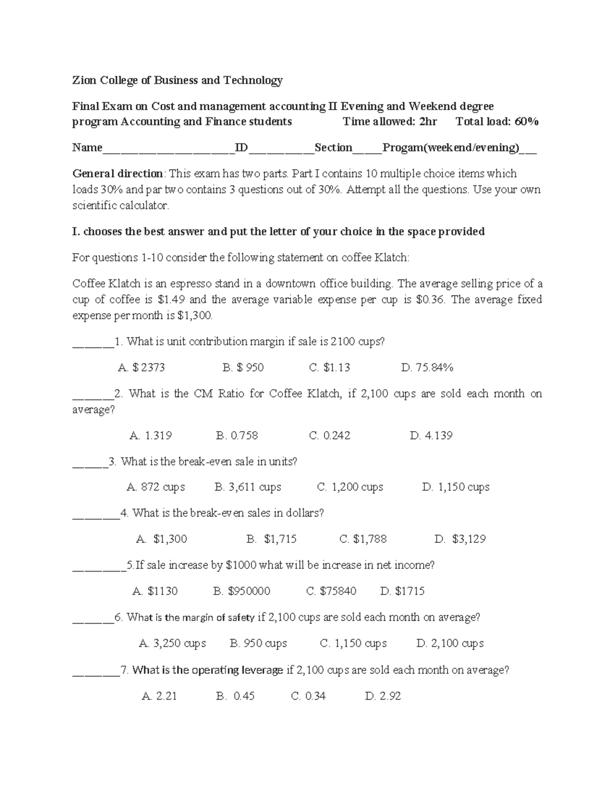 ZCBT Final Exam: Cost & Management Accounting II Guide - Studocu
