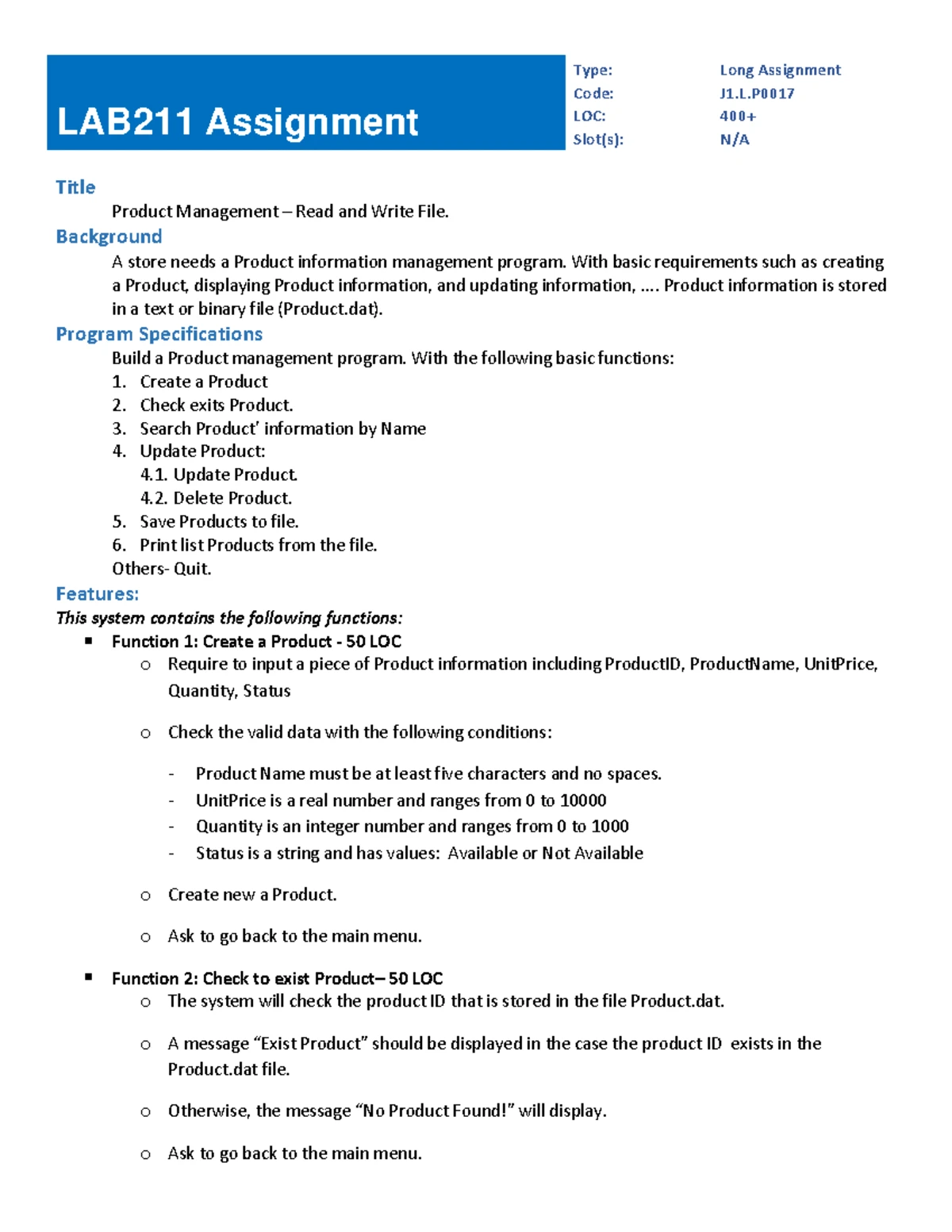 de bai so 0000011 - LAB211 Assignment Type: Short Assignment Code ...