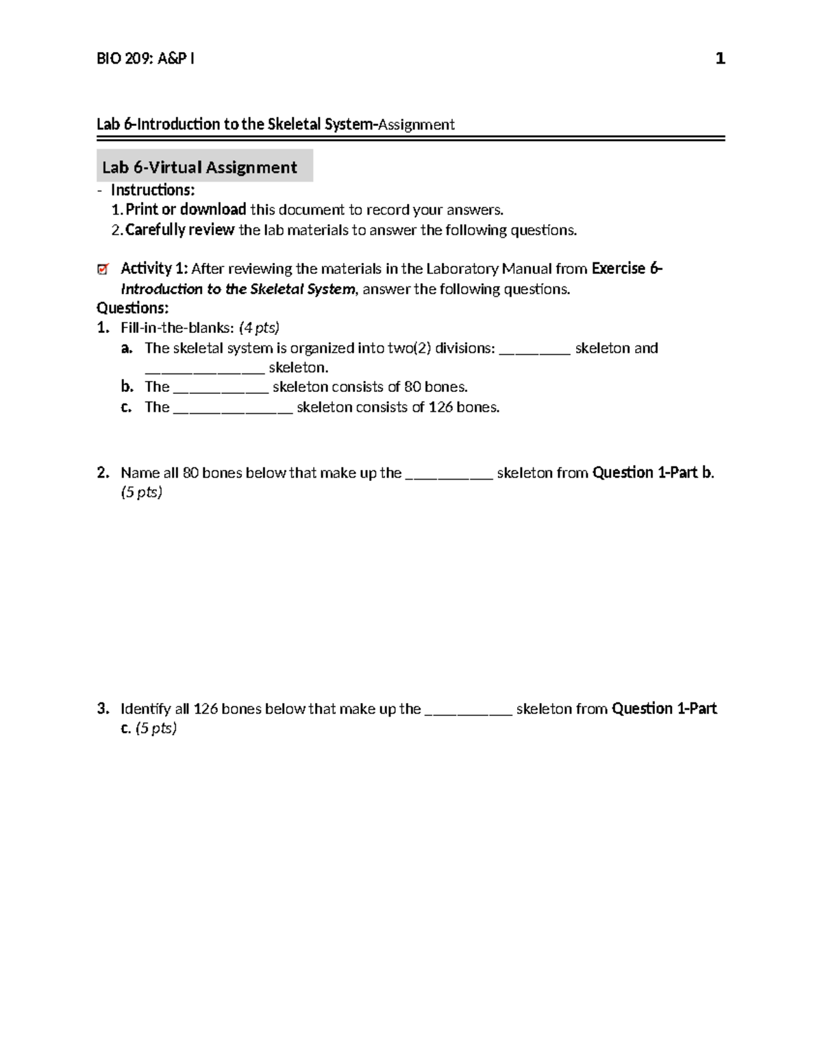BIO 209: Lab 6 - Skeletal System Assignment Instructions - Studocu