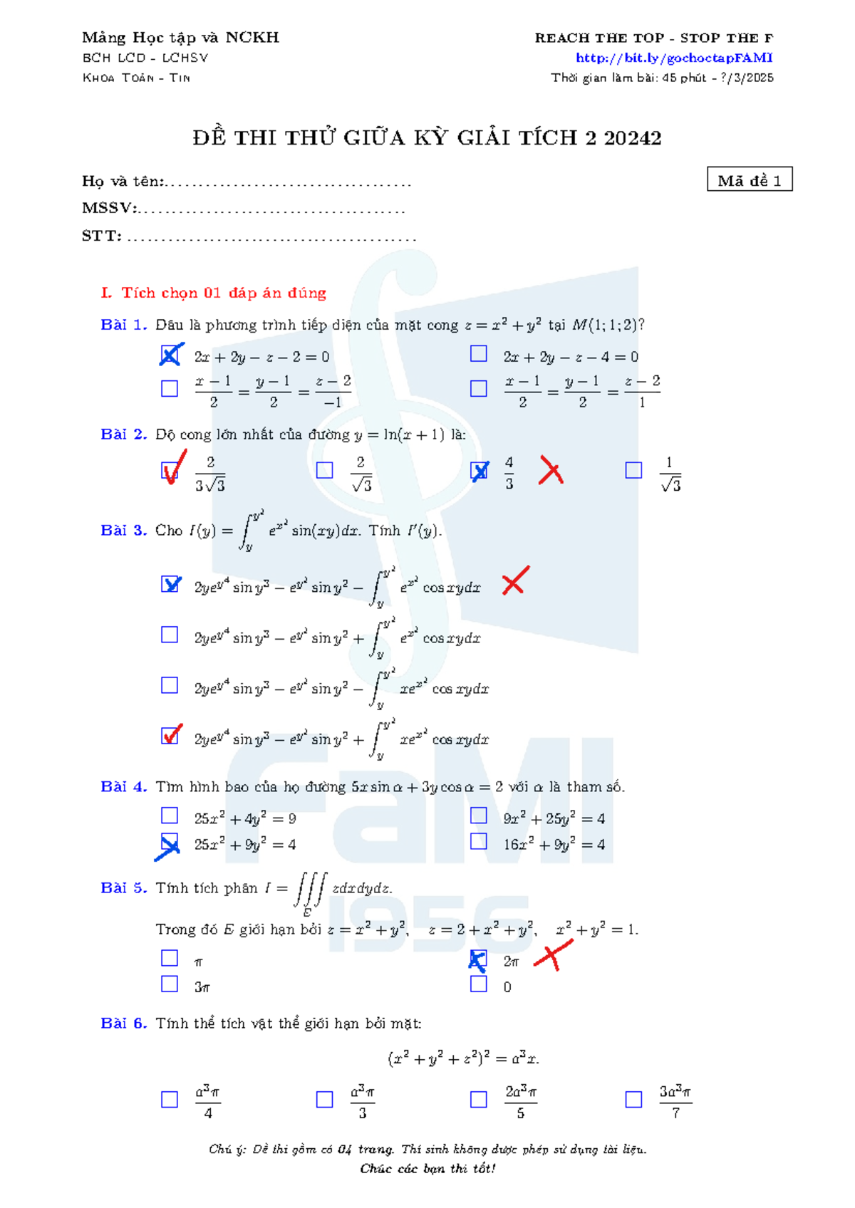 ĐỀ THI THỬ GIỮA KỲ GIẢI TÍCH 2 20242 VÀ HƯỚNG DẪN GIẢI - Document Preview