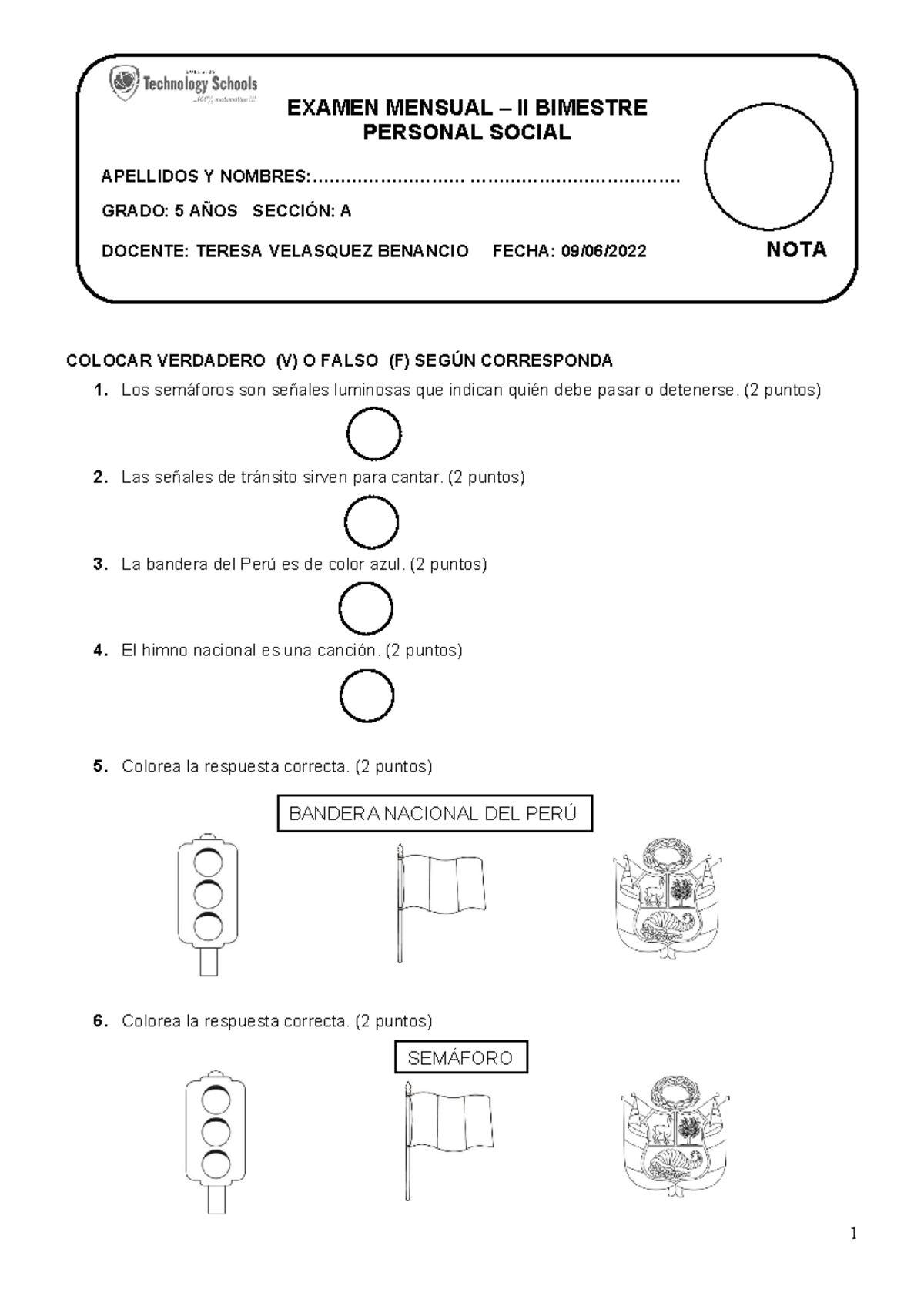 Examen Mensual de Personal Social - 5 Años Sección A - Studocu
