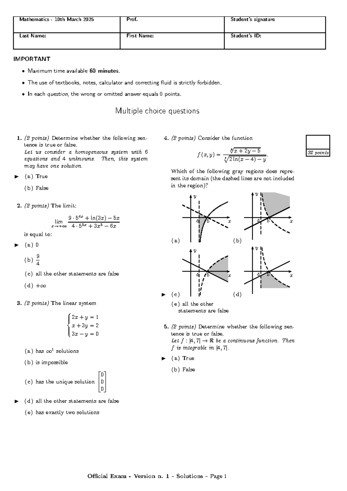 Mathematics Exam Solutions (MATH 2025) - March 10, 2025 - Studocu