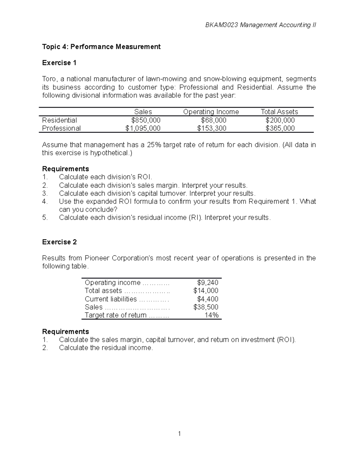 Performance Measurement Exercises (Course A191) - Topic 4 Analysis ...