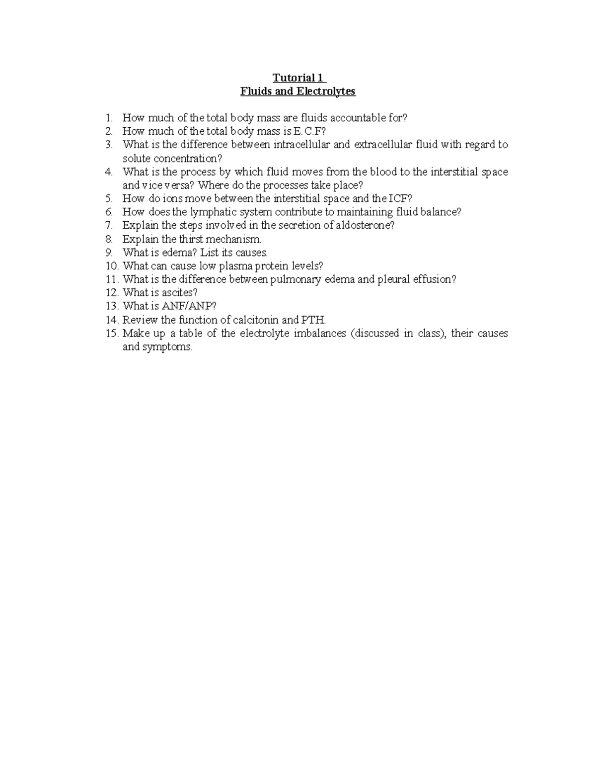 Fluids and Electrolytes - Tutorial 1 Worksheet (Final Exam Prep) - Studocu