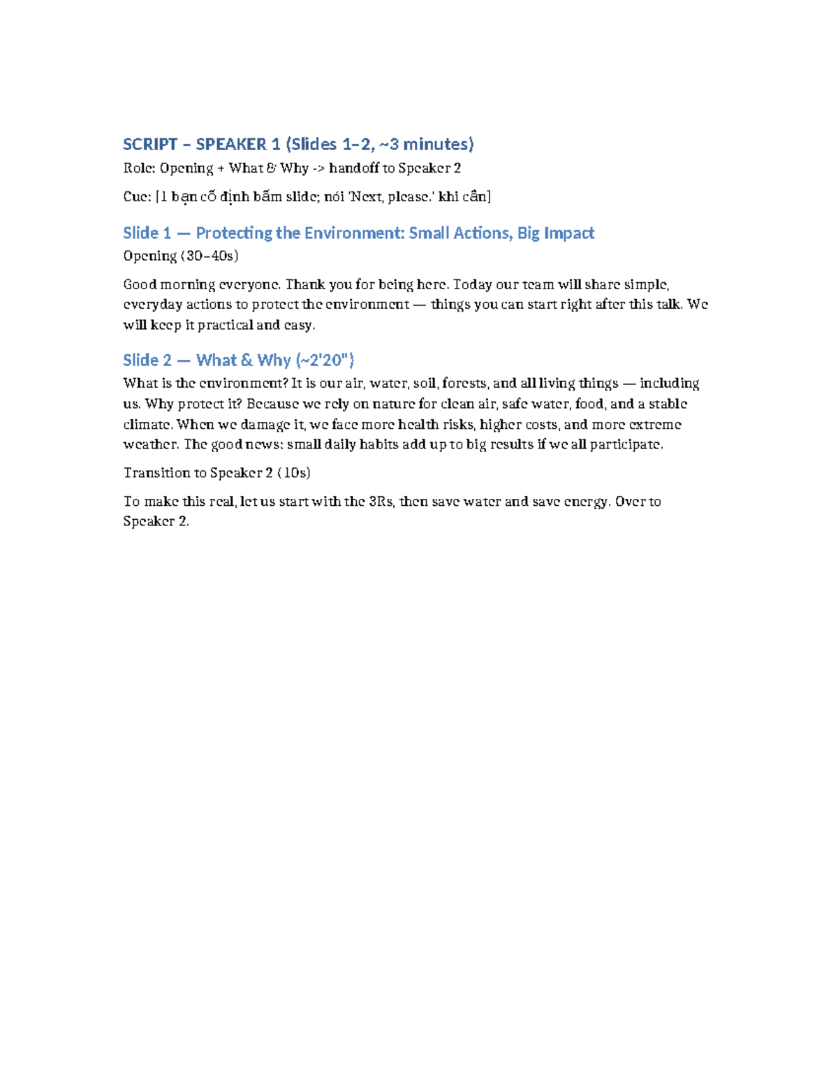 ENV 101: Speaker 1 Script for Environmental Presentation - Studocu