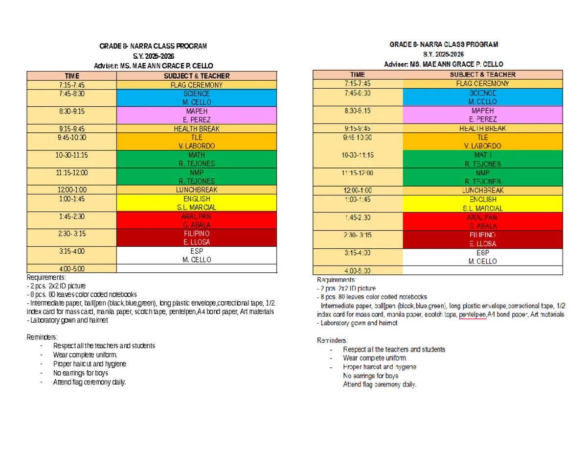 Class Program Grade 8 SY 2025-2026 Schedule - Studocu