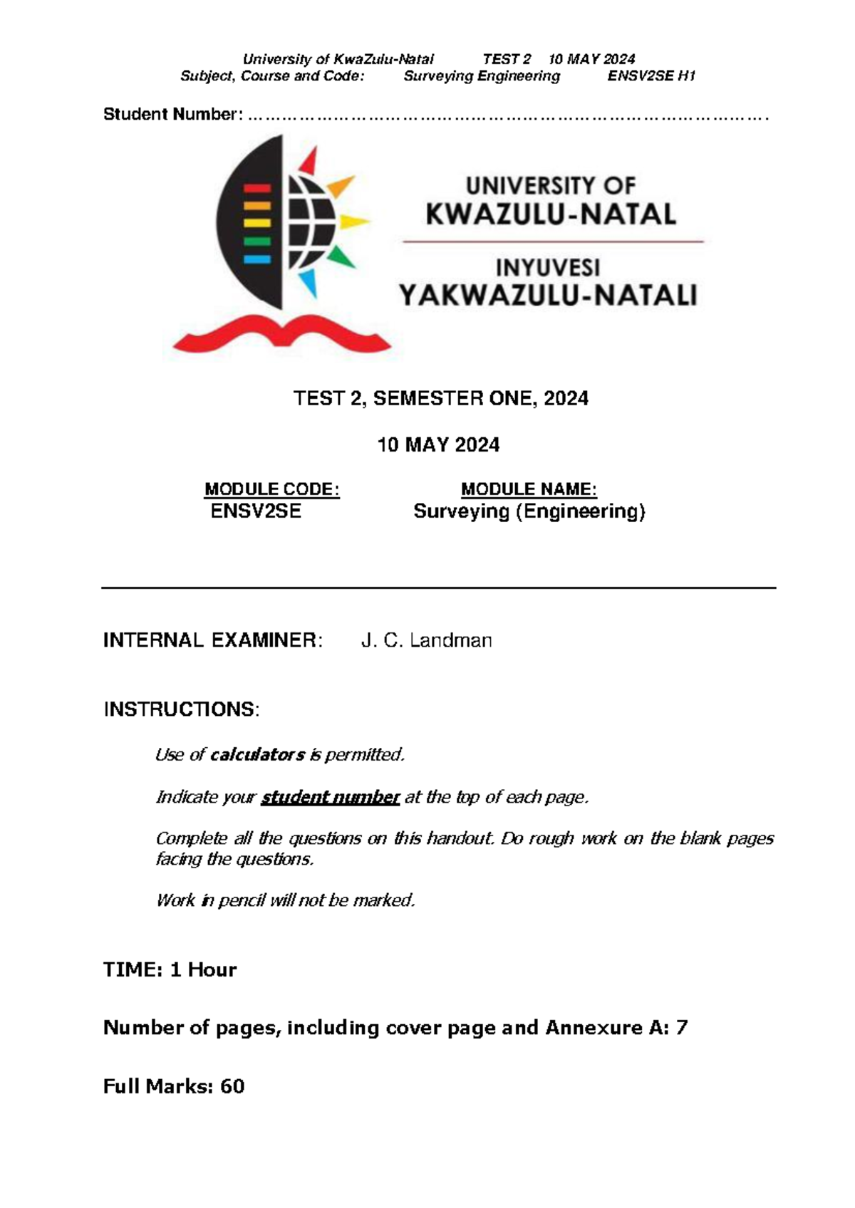 Surveying Engineering ENSV2SE H1 Test 2 Exam Notes - May 2024 - Studocu