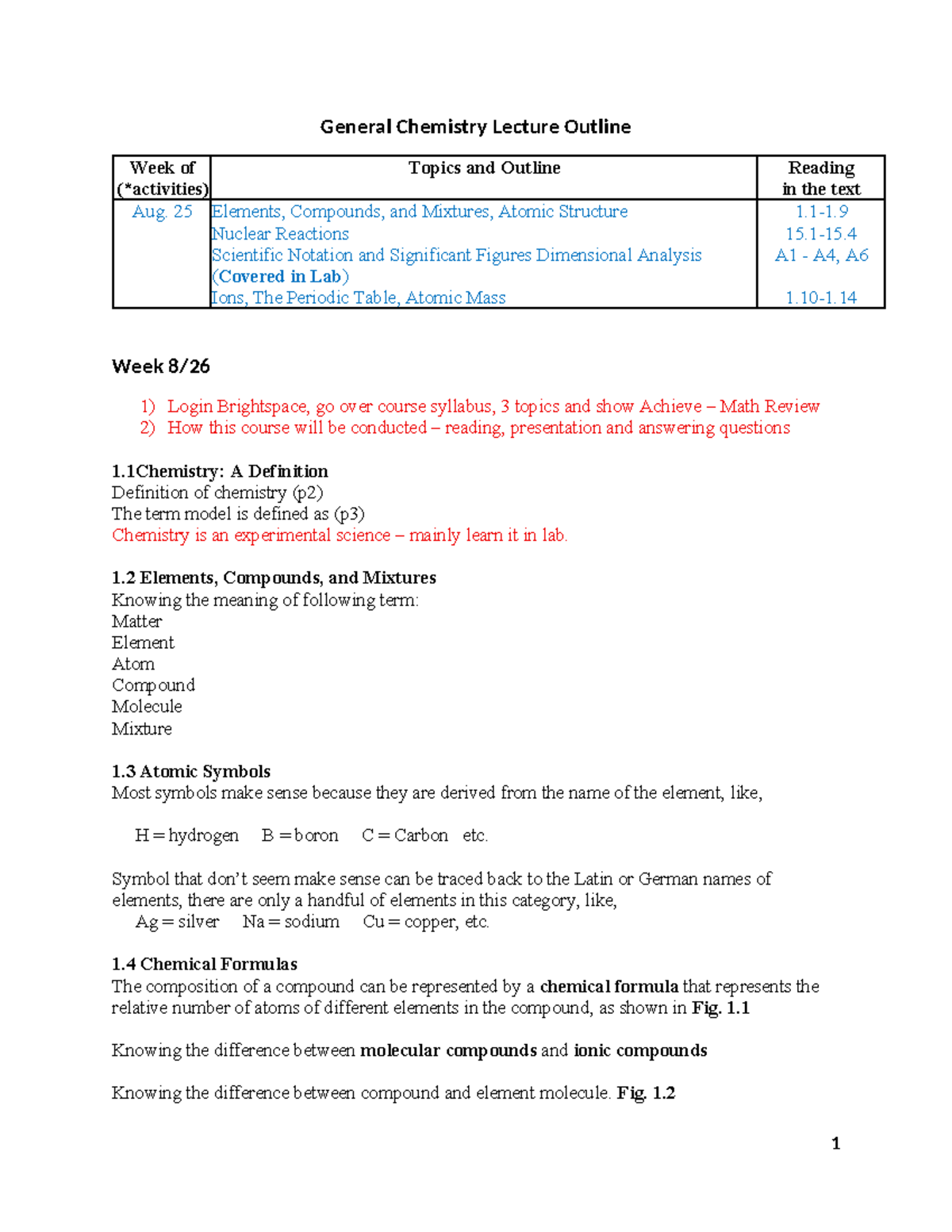 General Chemistry Lecture Outline: Topics from Aug. 25 to Sept. 15 ...