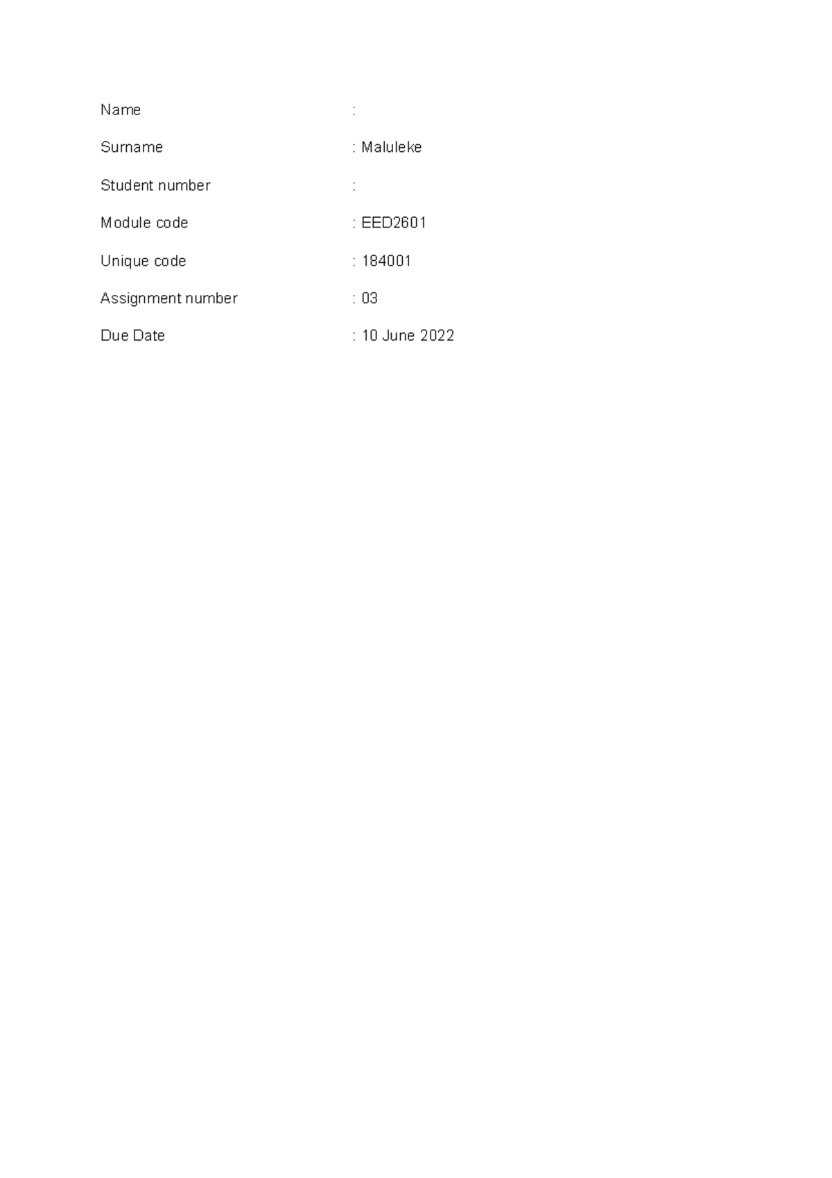 EED2601 - Name : Surname : Maluleke Student number : Module code : EED ...