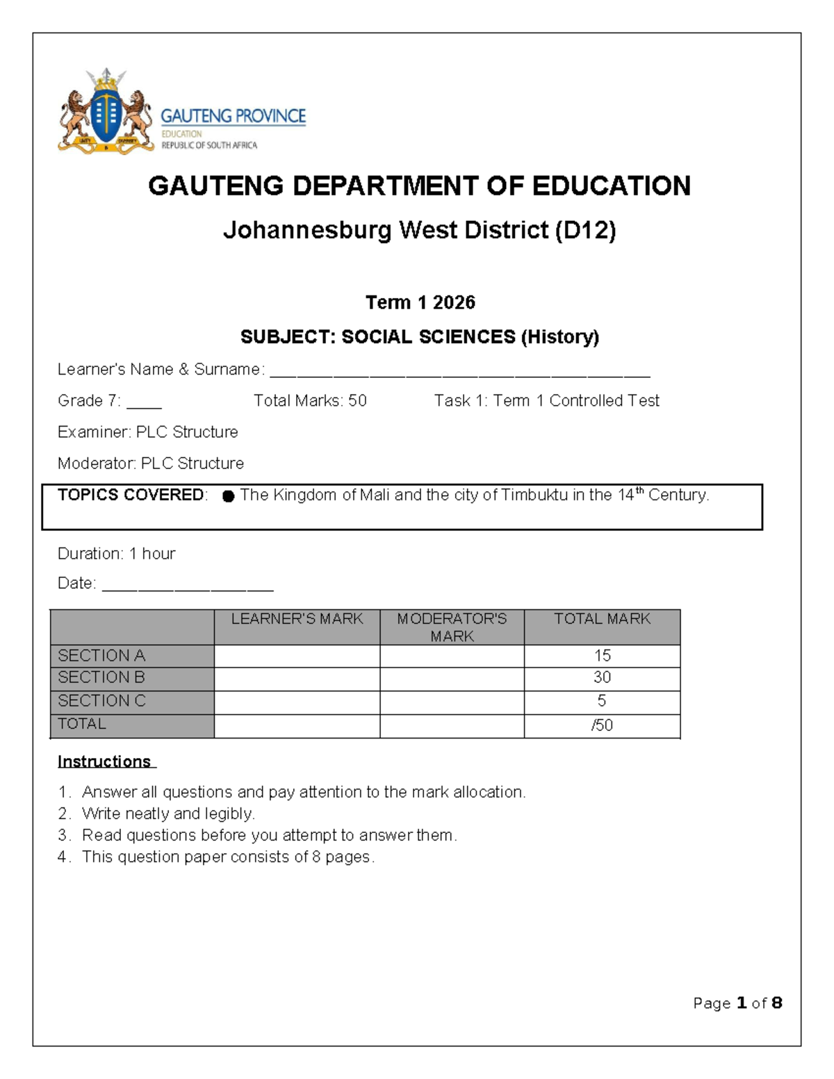 2026 Term 1 History QP (D12) - Grade 7 Social Sciences Test - Studocu