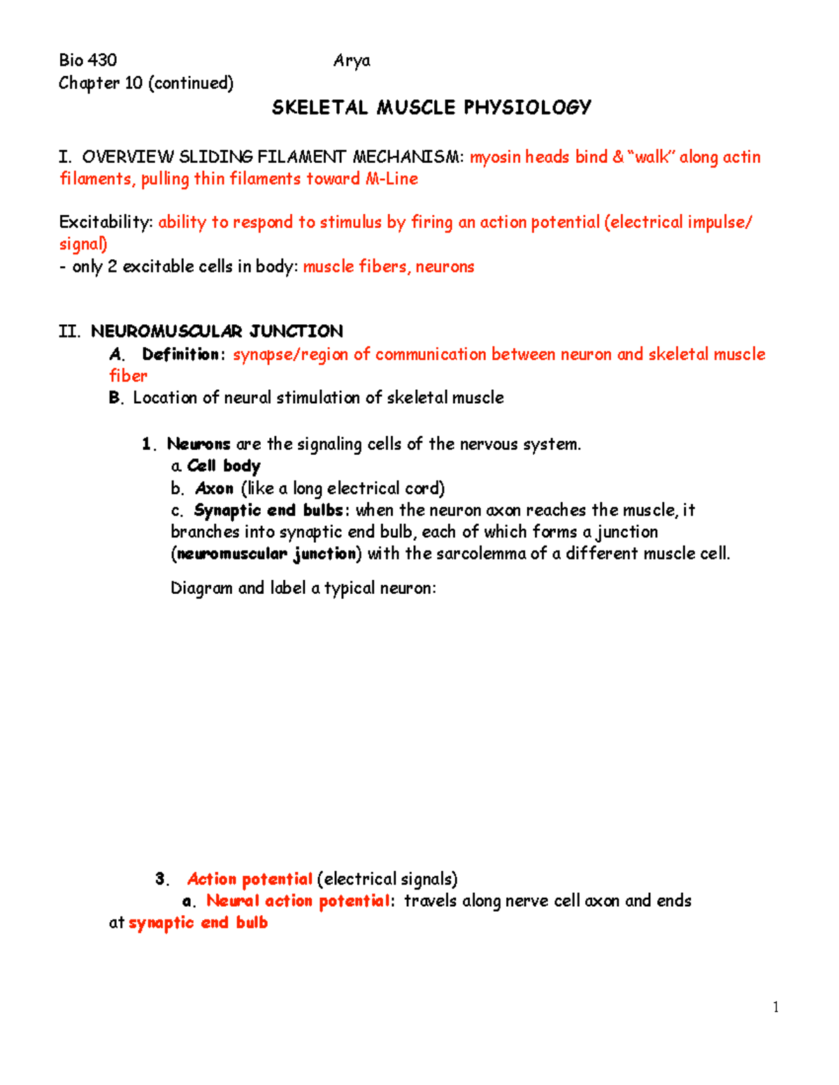 Skeletal Muscle Physiology - Bio 430 Chapter 10 Notes - Chapter 10 ...