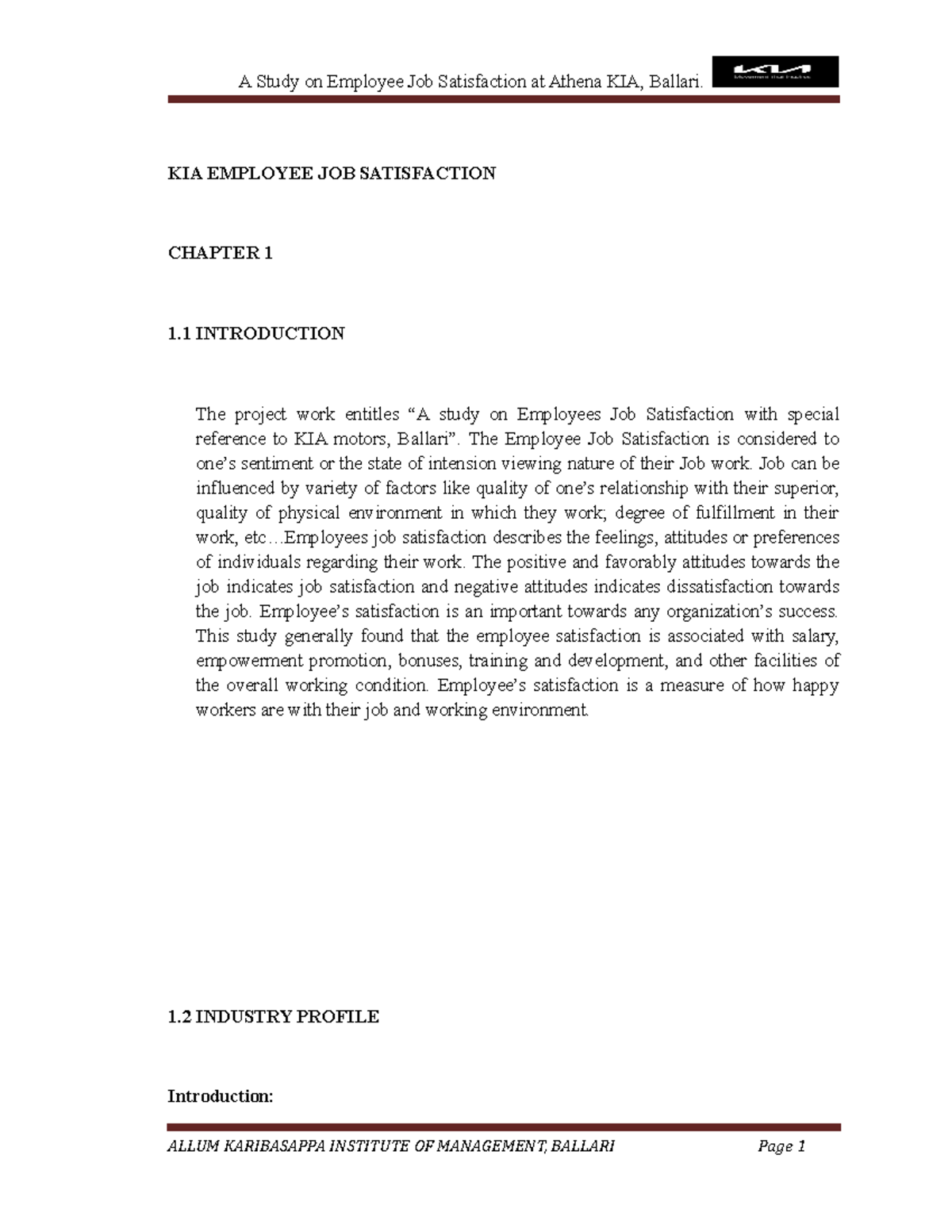 KIA Motors Employee Job Satisfaction Study Report (Project 2) - Document Preview