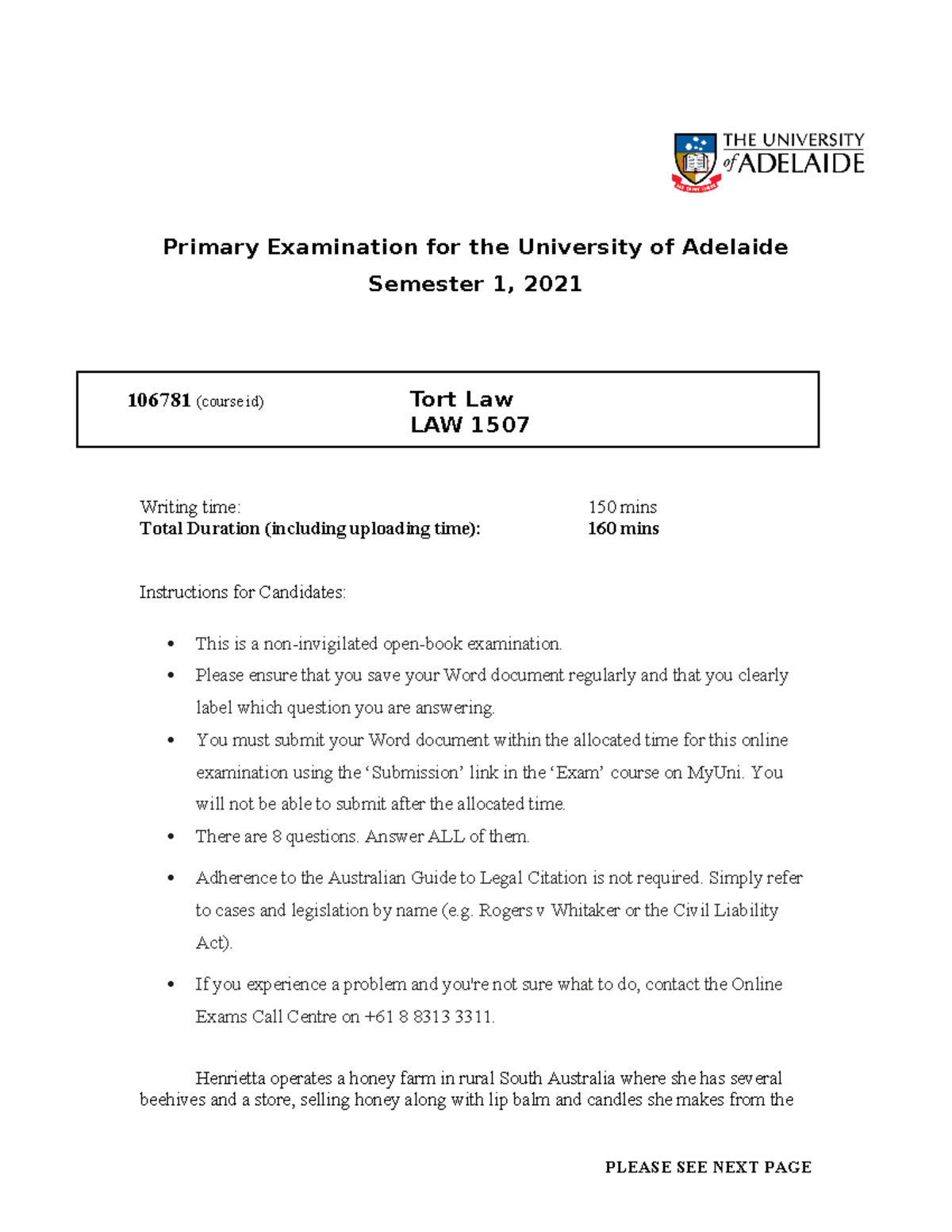 2021 LAW 1507 Tort Law Final Exam Paper - Studocu