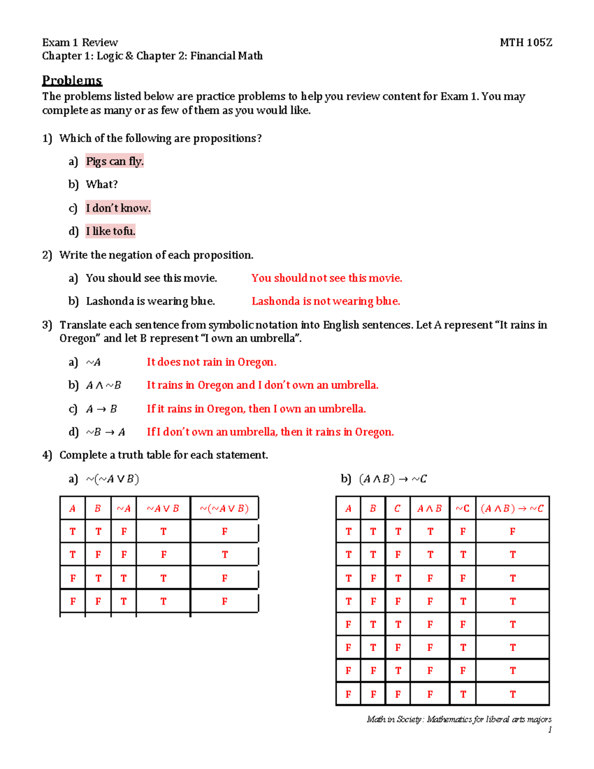 Exam 1 Review Guide for MTH 105Z: Logic & Financial Math Concepts ...