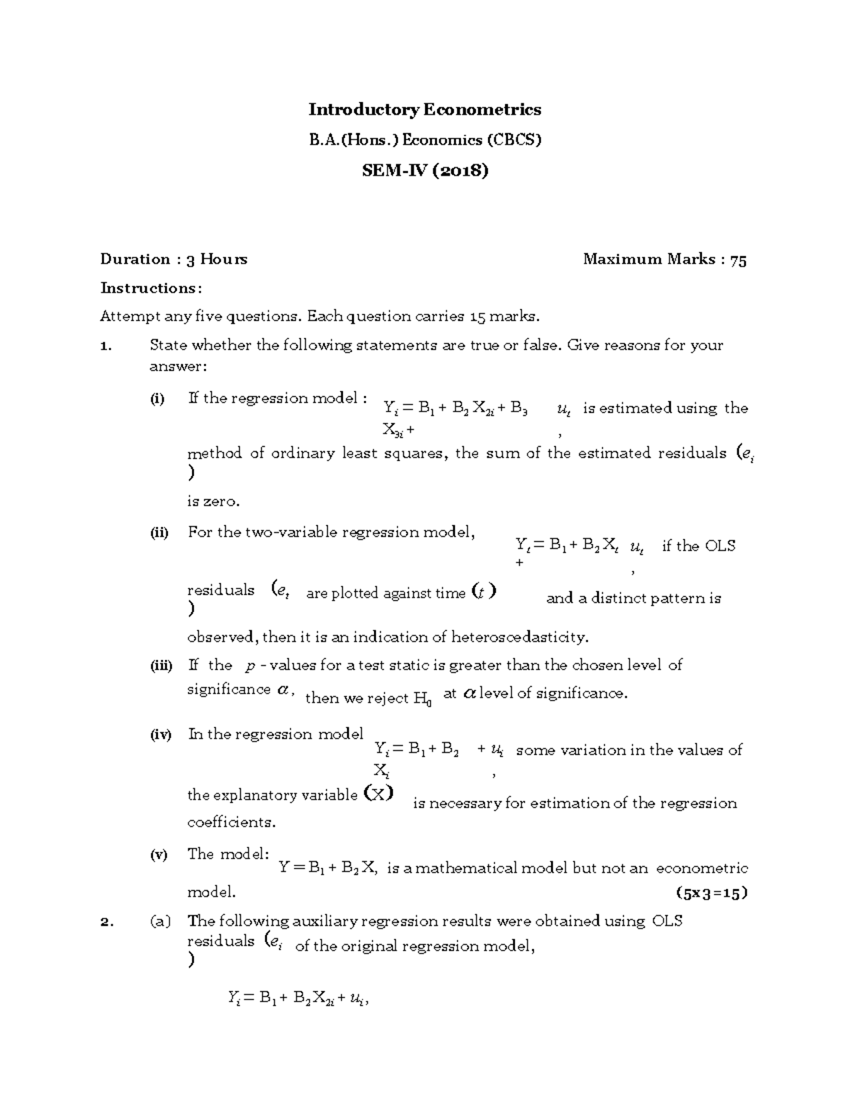 Exam May 2018, questions - Introductory Econometrics B.(Hons ...