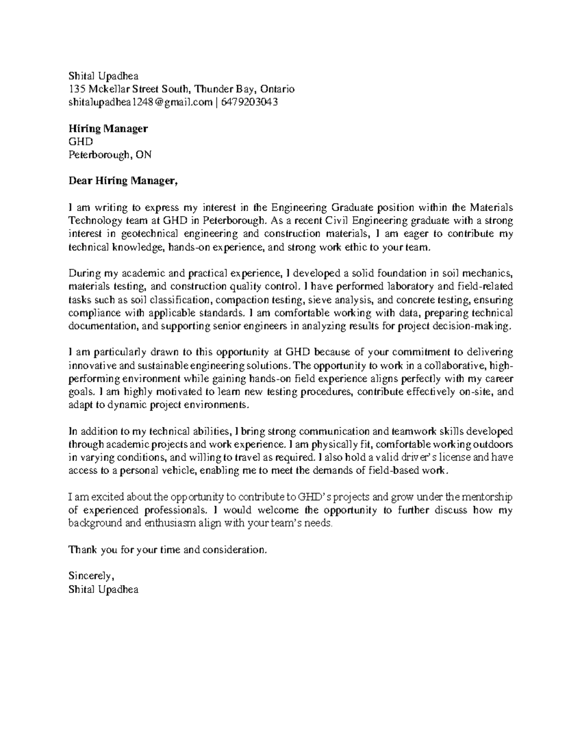 GHD Engineering Graduate Cover Letter - SCSC - Studocu
