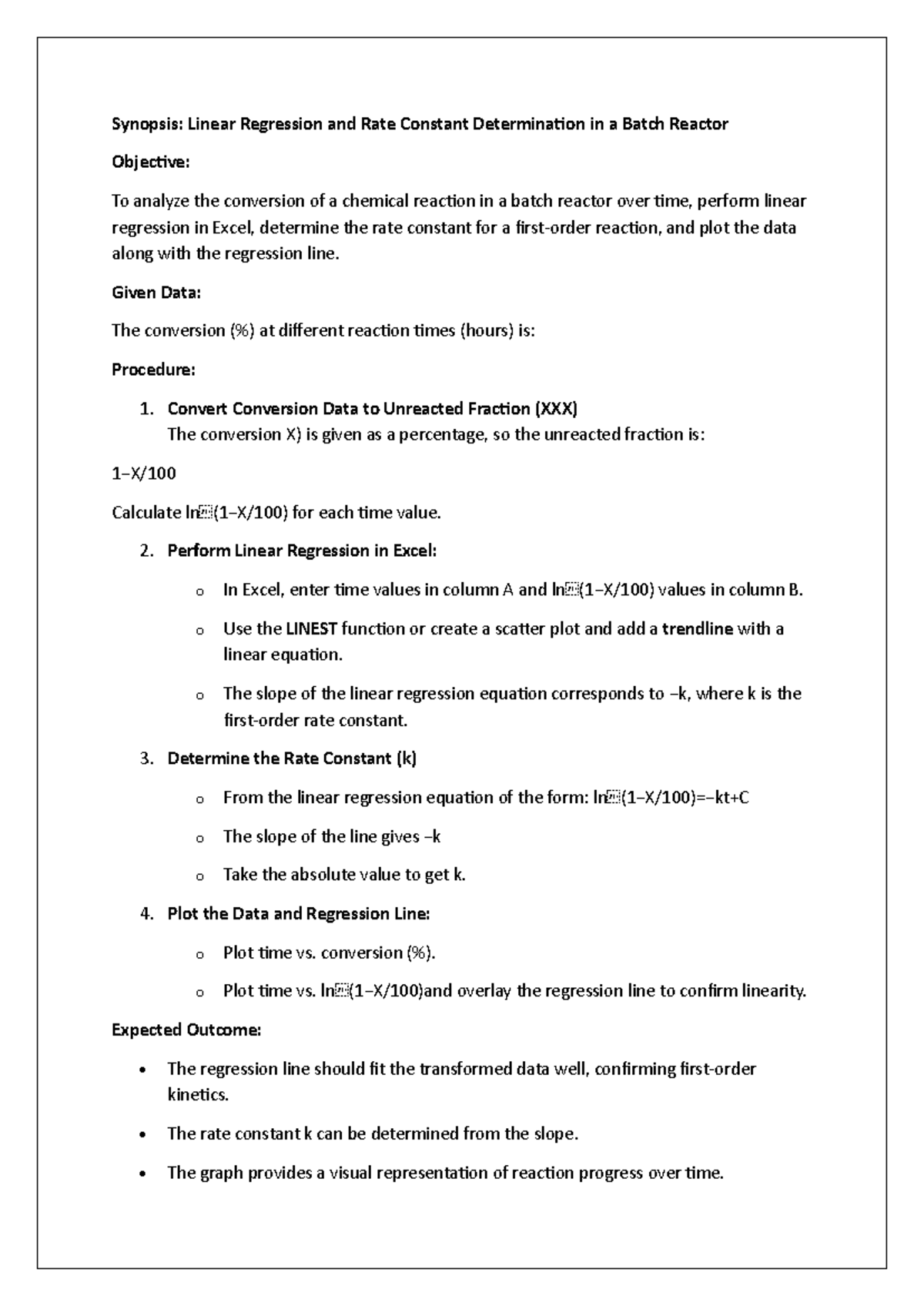 Synopsis - hjhhuijijij - Synopsis: Linear Regression and Rate Constant ...