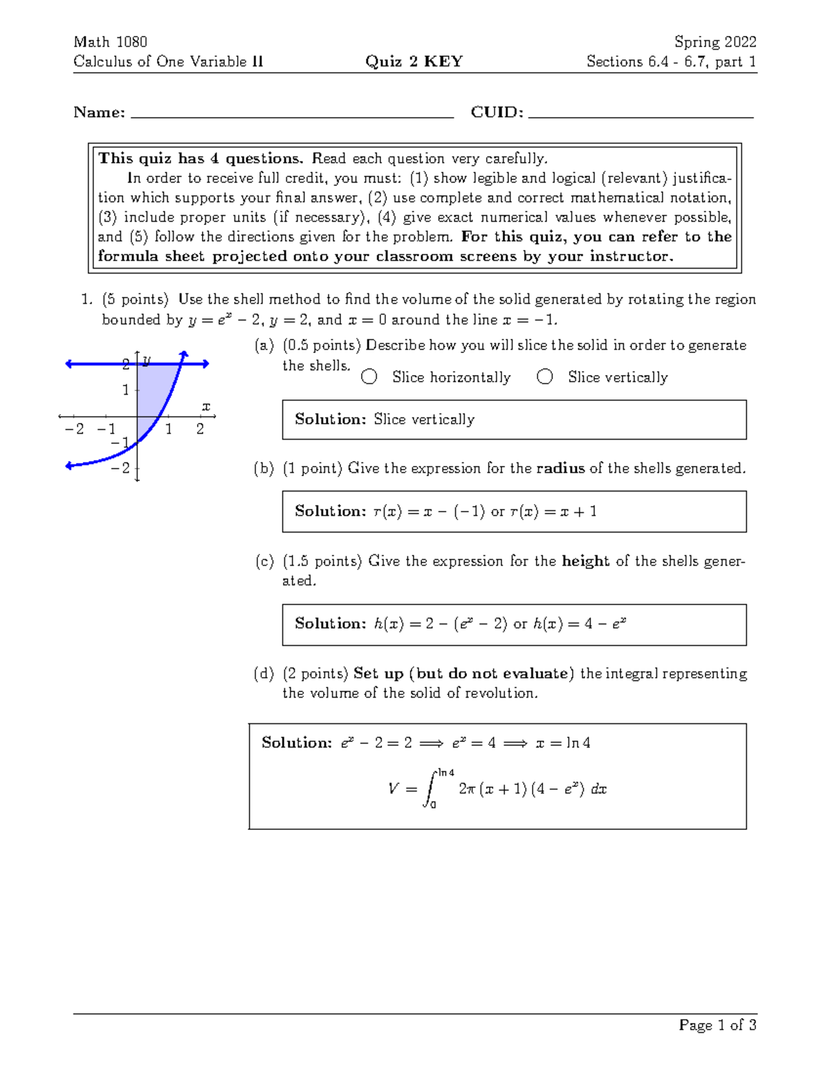 Math 1080 Quiz 2 KEY - Calculus of One Variable II Solutions - Studocu