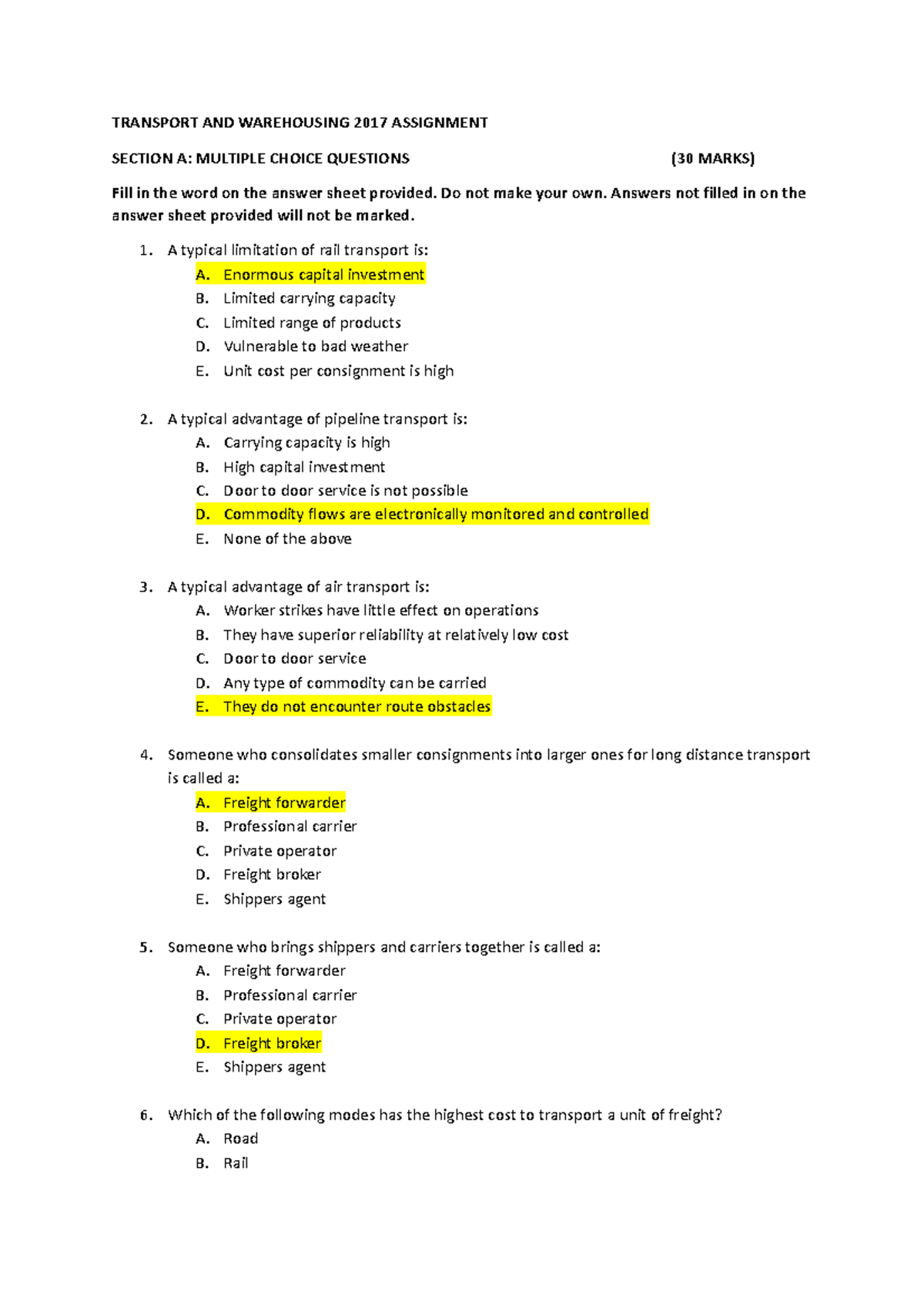 Transport and Warehousing 2017 Assignment Memo: MCQs & Essay Insights ...