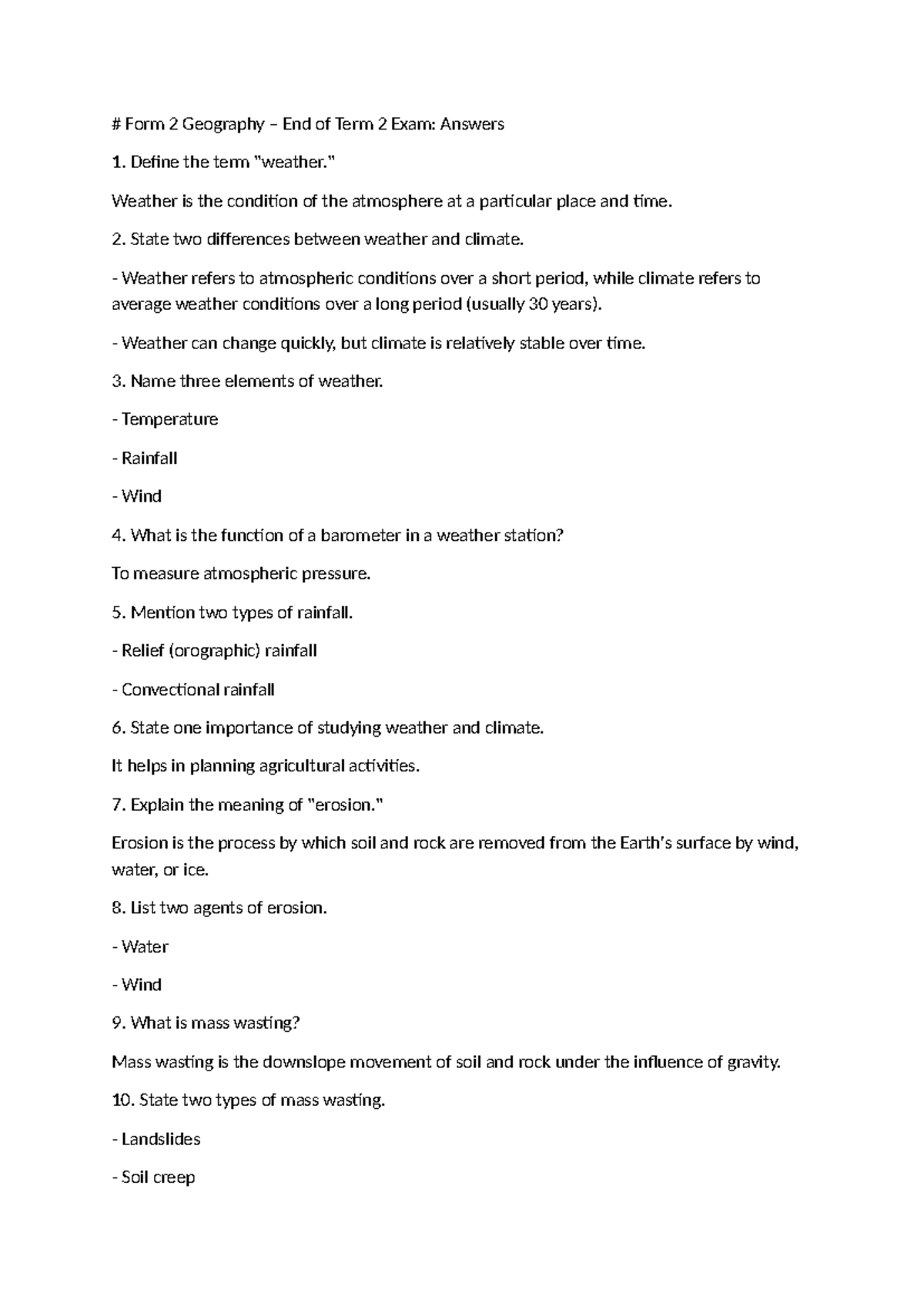 Form 2 Geography End of Term 2 Exam: Answer Key - Studocu