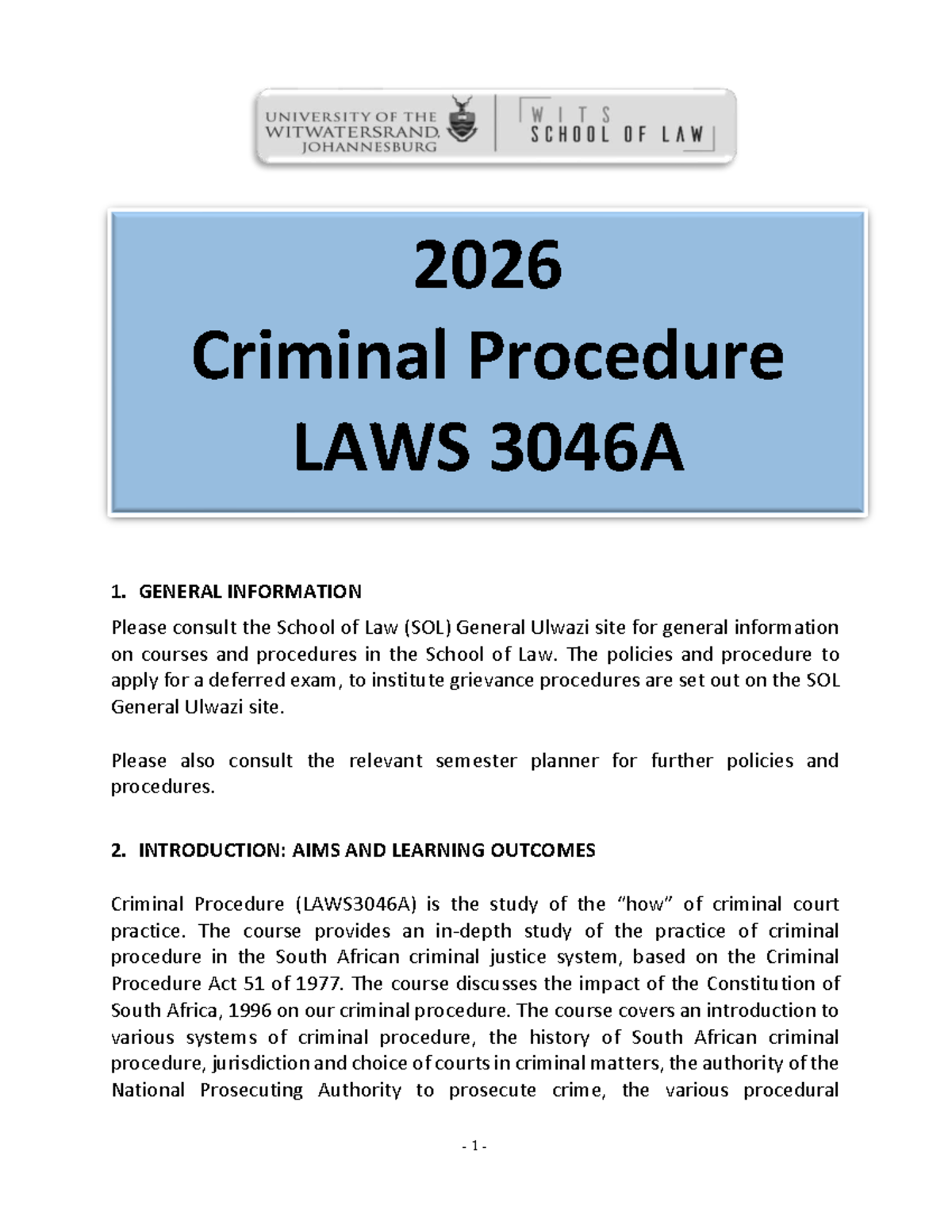 Criminal Procedure Course Outline 2026 LAWS 3046A Final Exam Guide ...