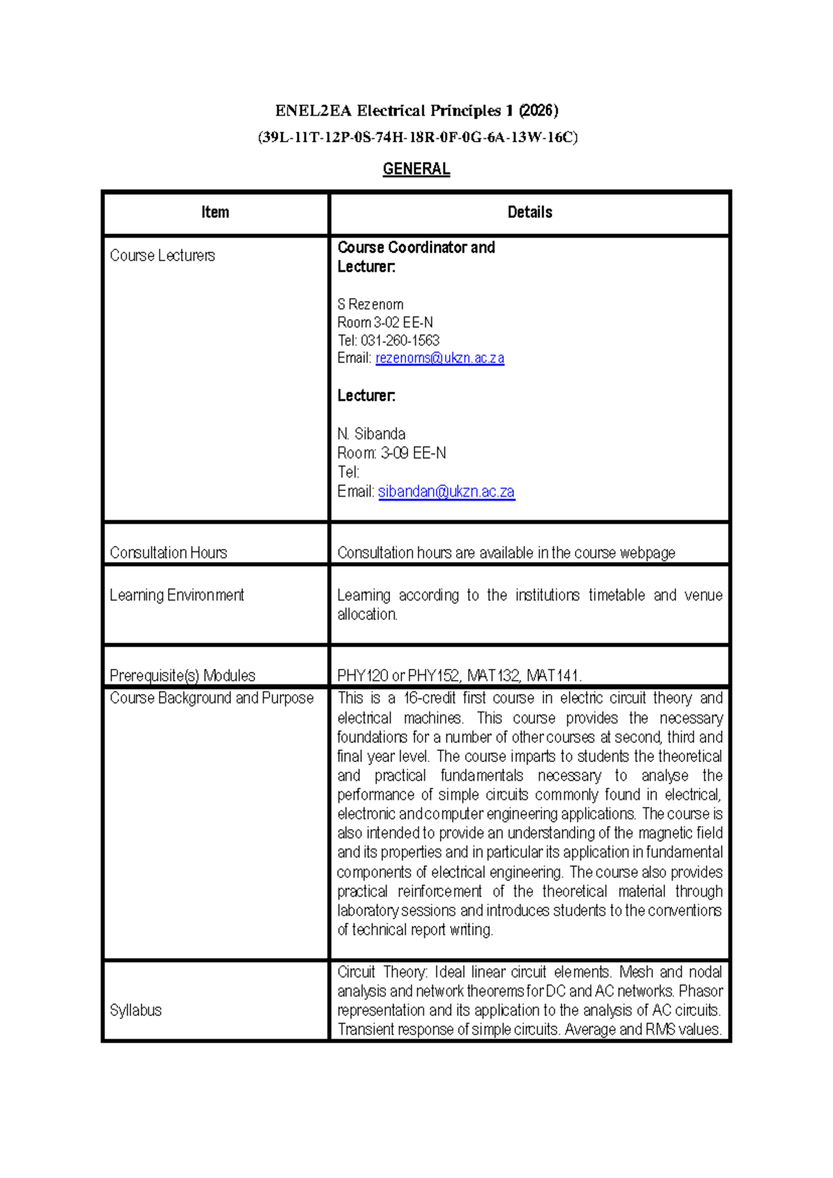 ENEL2EA Electrical Principles 1 Course Outline (2026) - Studocu