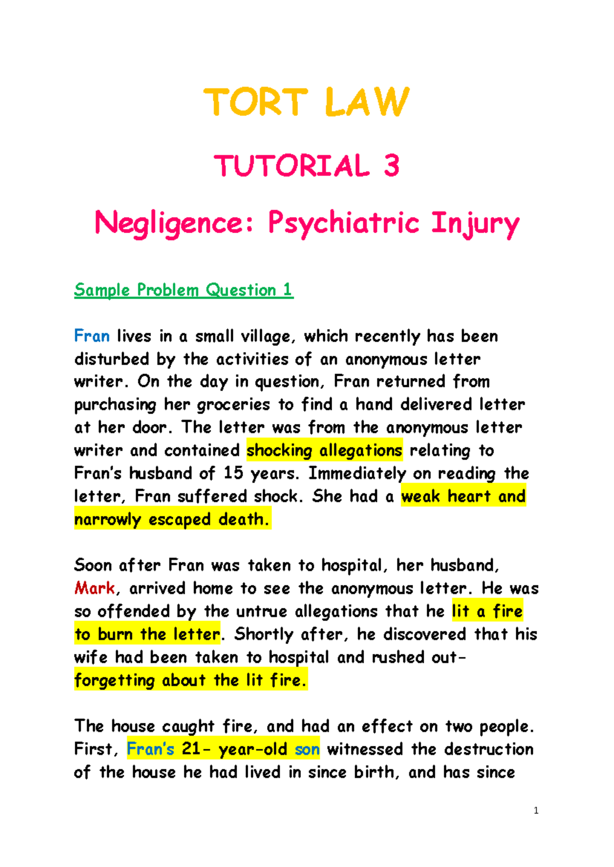 Question 1 Answer Guide - Psychiatric Injury - TORT LAW TUTORIAL 3 ...