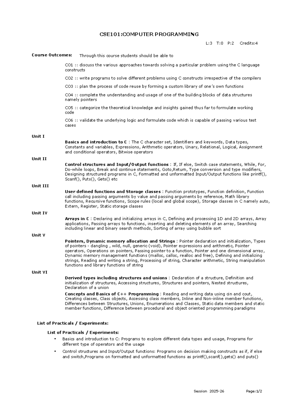 CSE101: Computer Programming Course Outcomes and Syllabus Overview ...