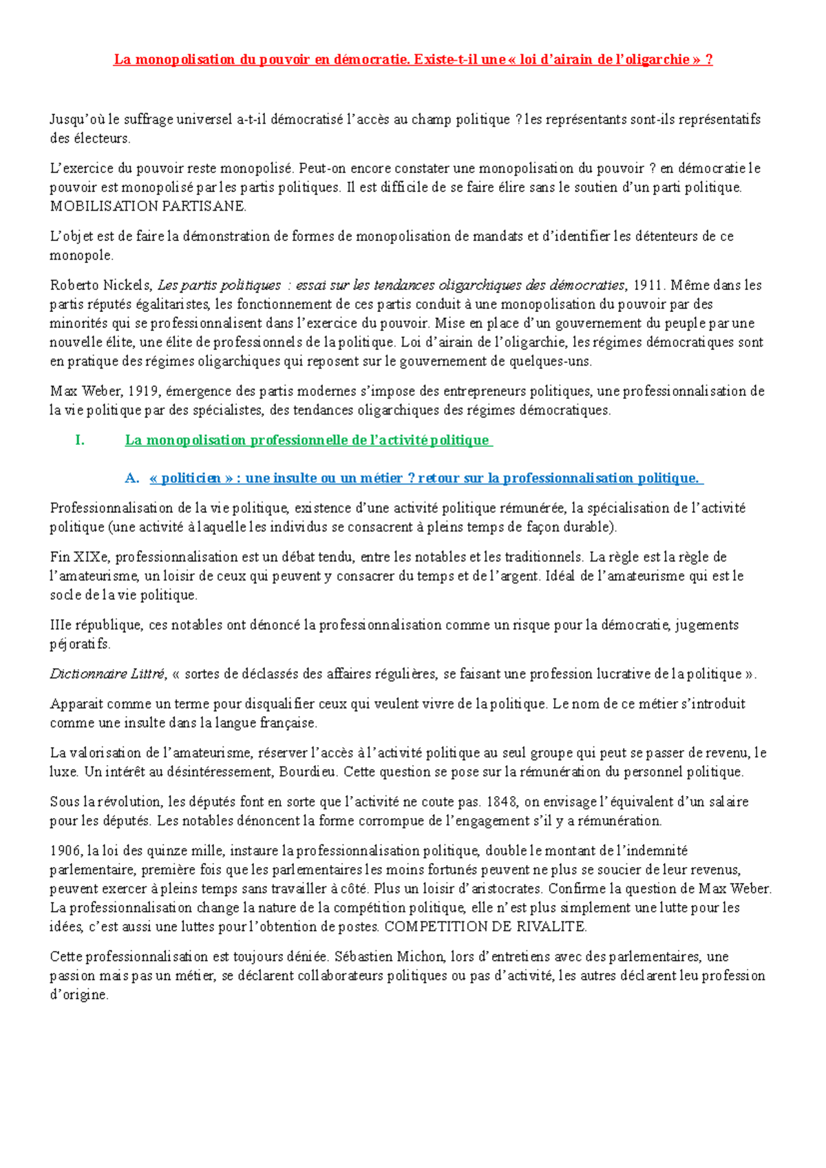 La monopolisation du pouvoir en démocratie S1 : Analyse oligarchique et ...