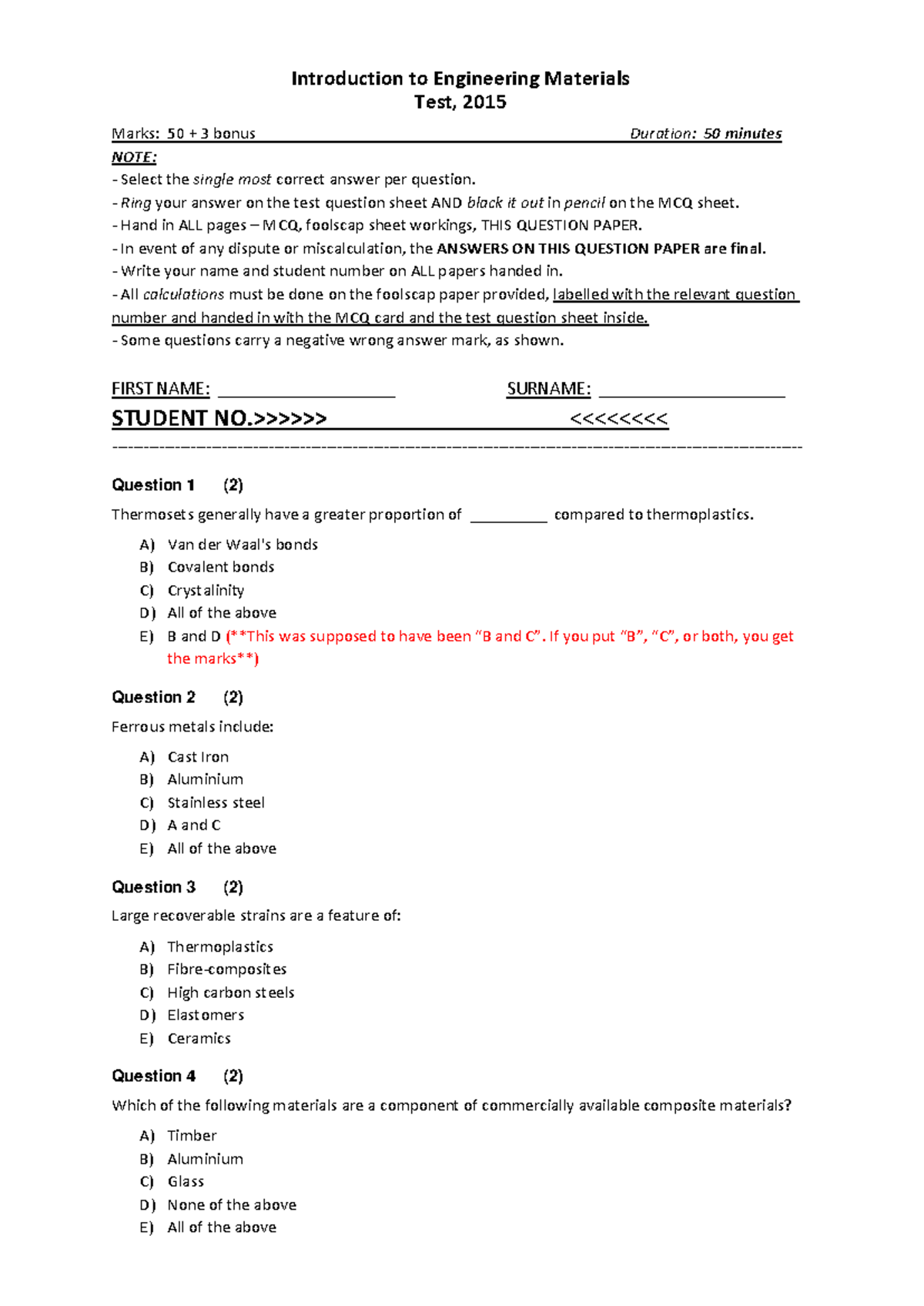 Introduction to Engineering Materials Test 1 - 2015 Guide - Studocu