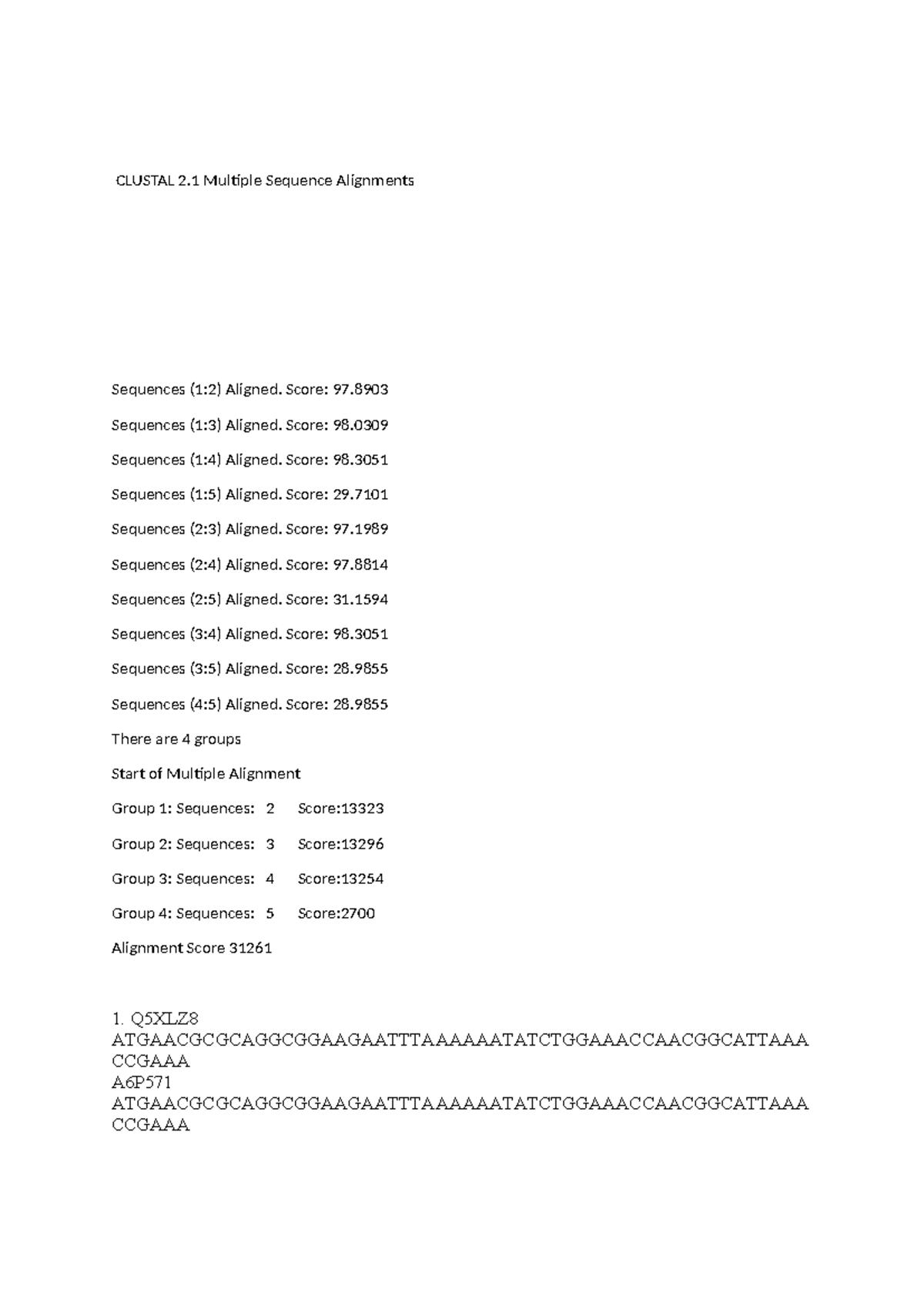 CLUSTAL 2.1 Multiple Sequence Alignment Results for Gene 320 Prac 3 ...