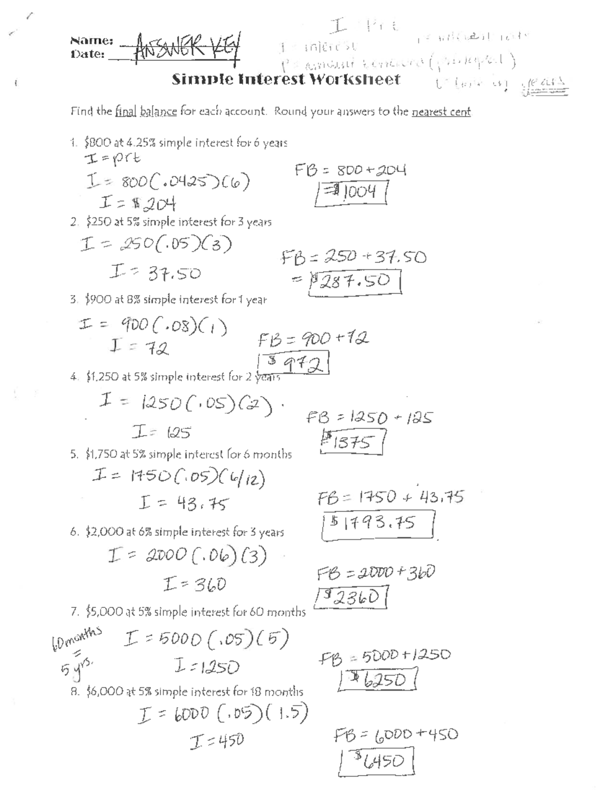 Simple interest - Round your answers to the nearest cent. 1. at simple ...