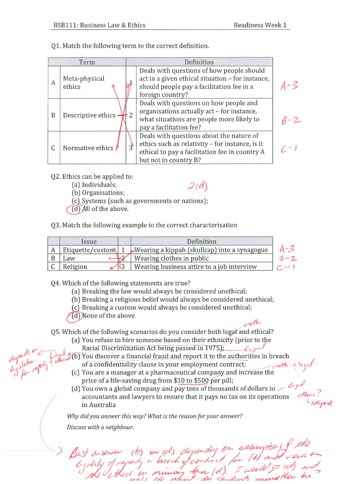 Quiz solution 1 - Business Law and Ethics BSB111 - BSB111 - Studocu