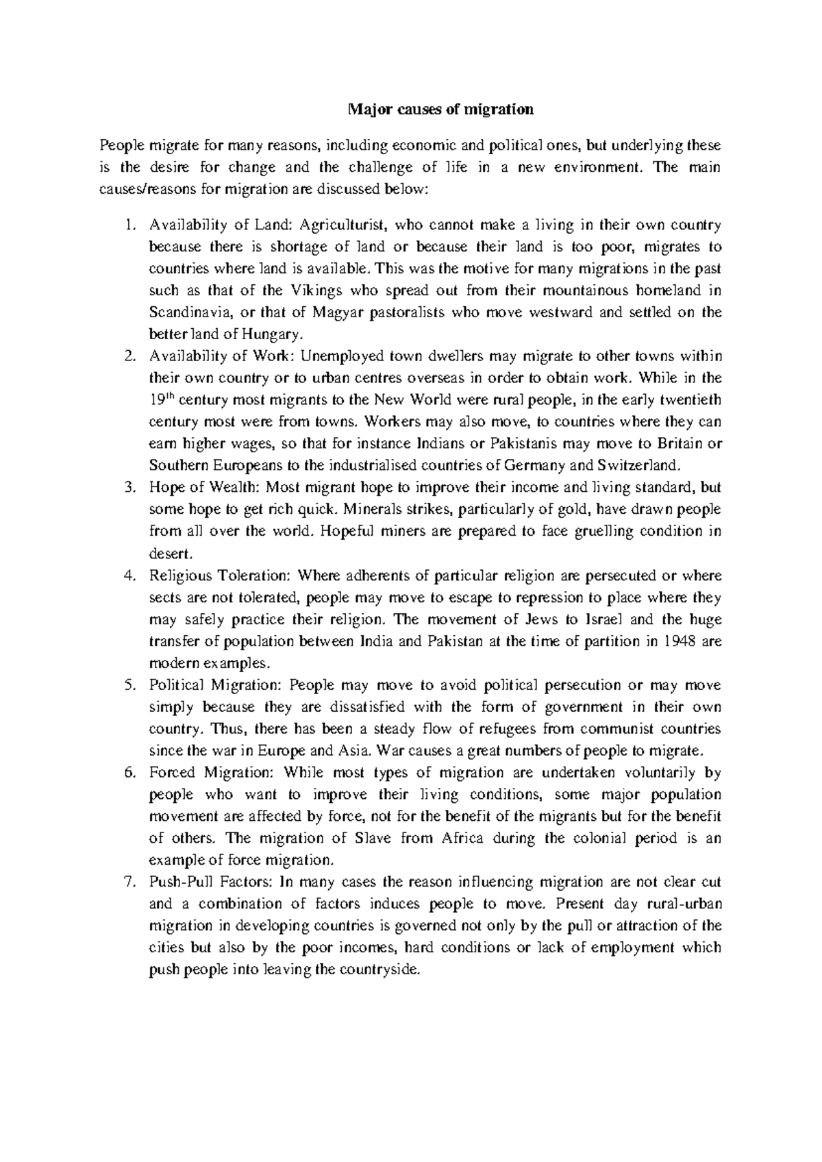 Migration notes for population geography - Major causes of migration ...