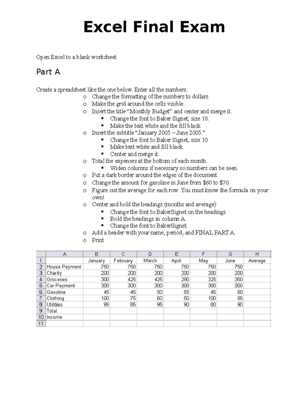 Excel Final Exam - Excel Final Exam Open Excel to a blank worksheet ...
