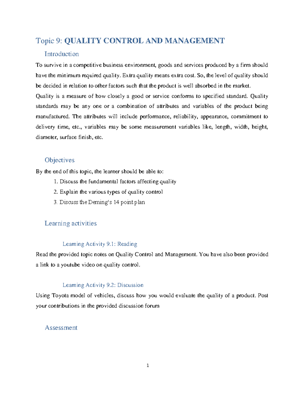 Topic 9. Quality Control AND Management - Topic 9: QUALITY CONTROL AND ...