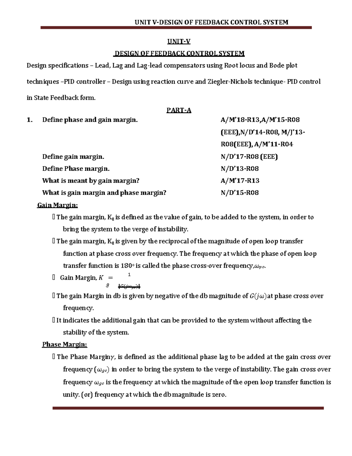 Control Systems Ee3503 Important Questions On Feedback Control