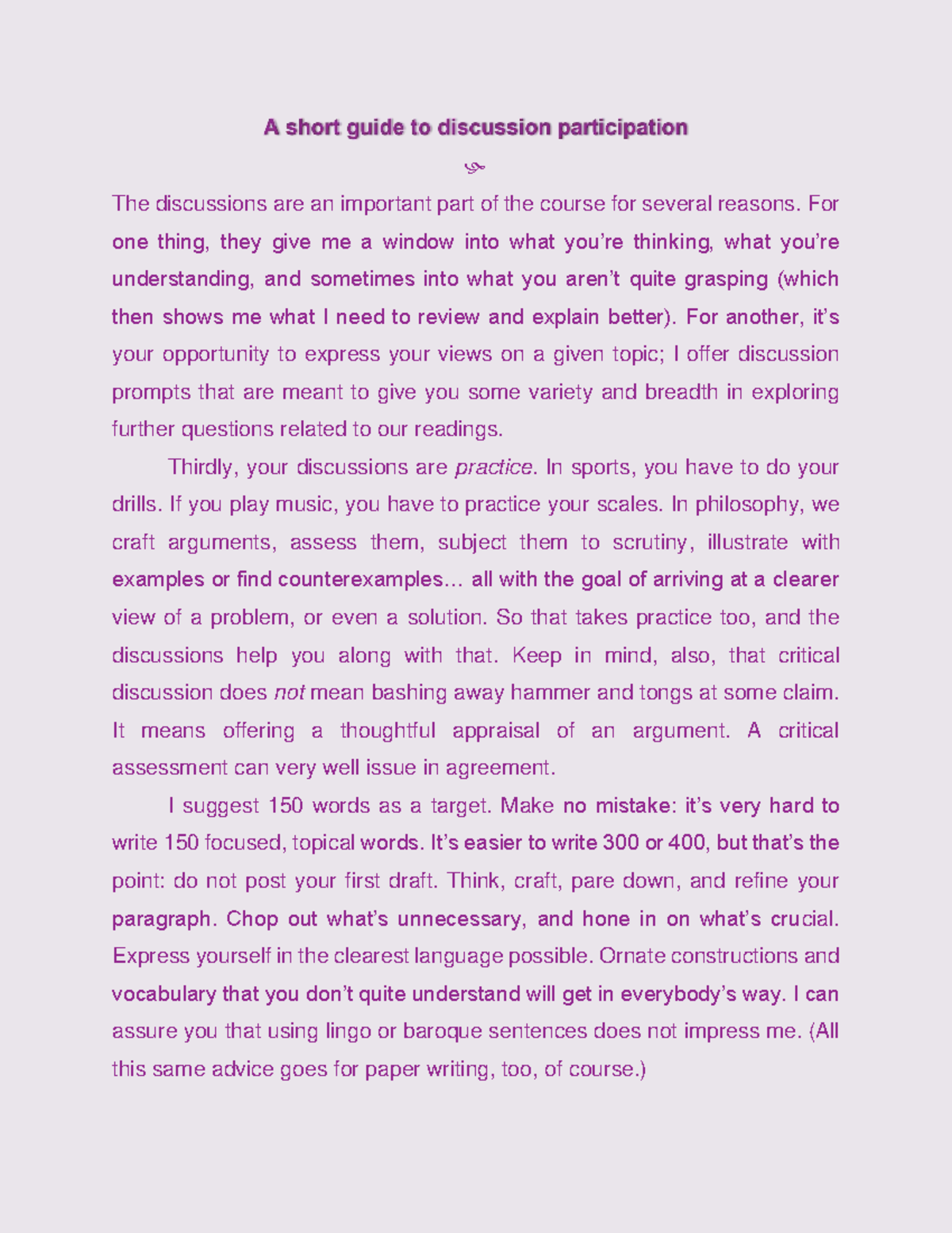 Student's guide to discussion participation 1 - The discussions are an ...