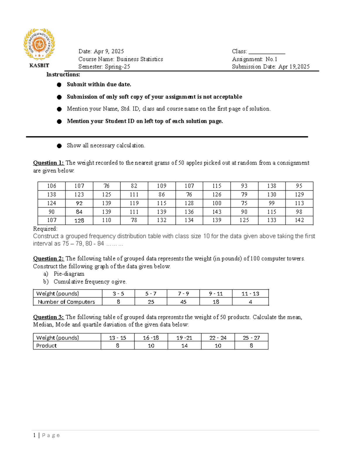 B. Stats Assignment 1 - Grouped frequency distribution and calculations ...