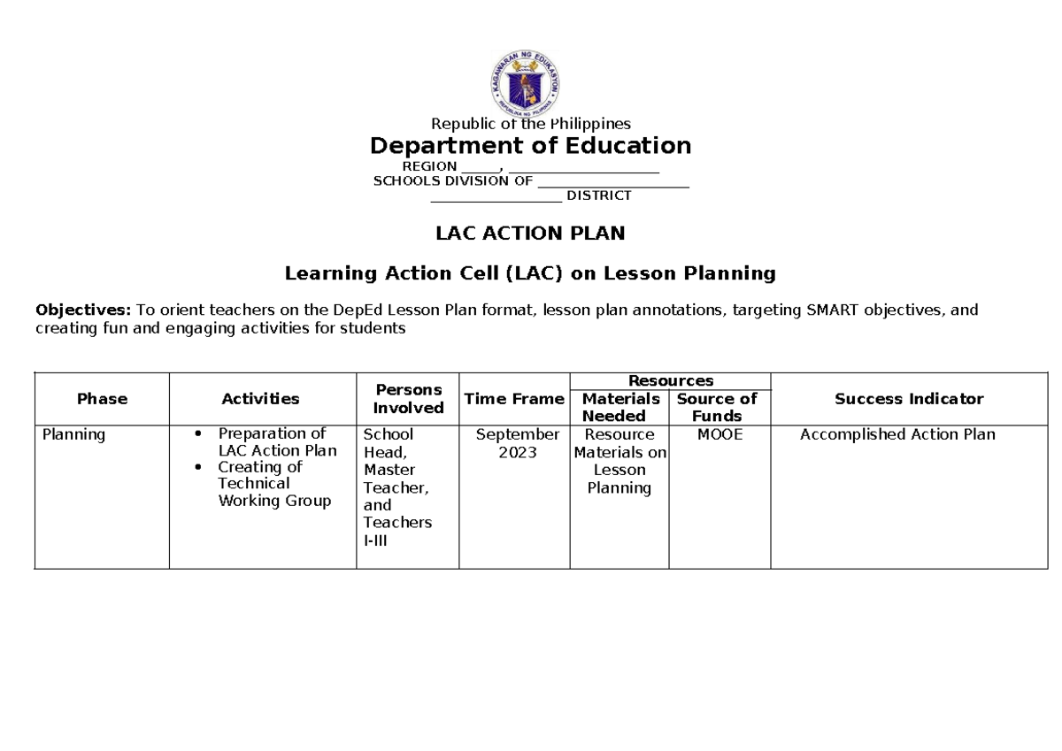LAC Action Plan for Lesson Planning - Master Teacher 10 - Studocu